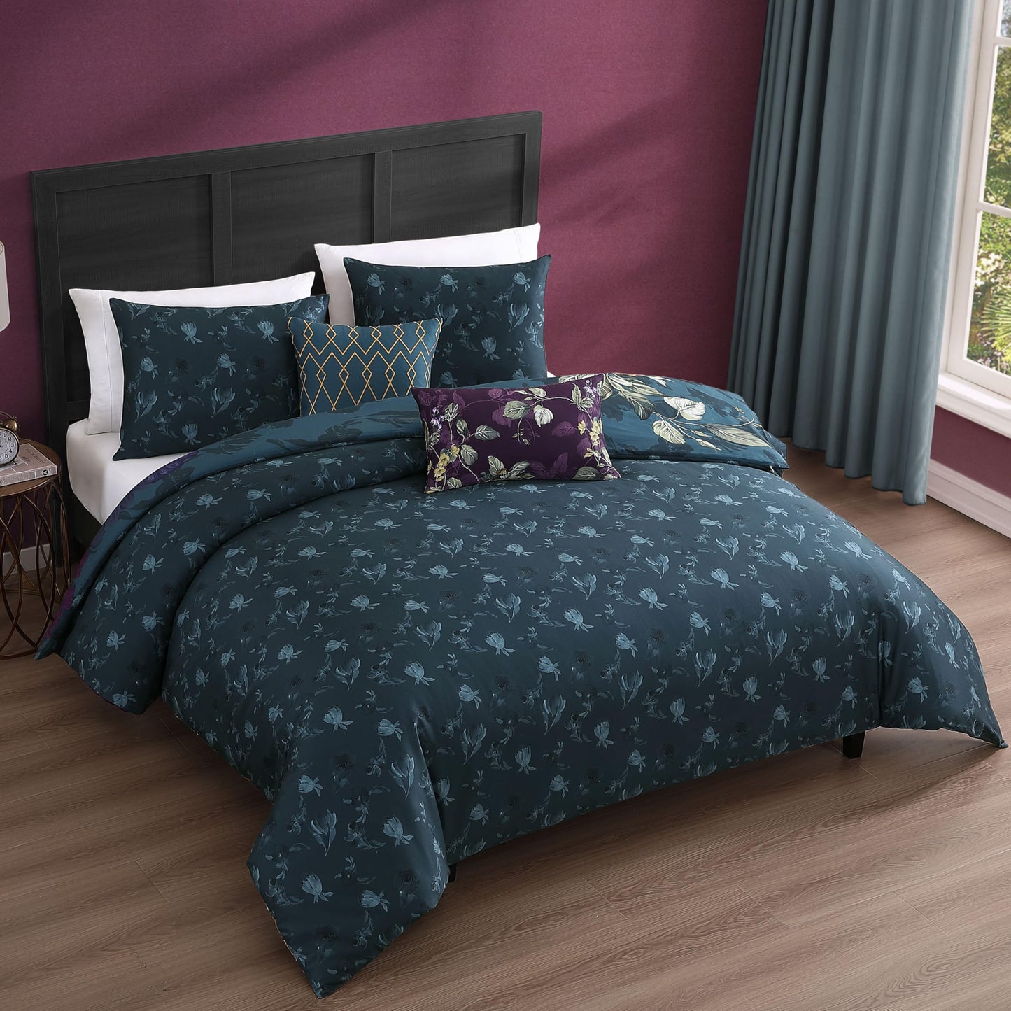 Bebejan Vibrant Flora 5 Piece Comforter Set, 100% Cotton Sateen, 220 Thread Count, Reversible Bedding Comforter Set, 1 Comforter, 2 Shams & 2 Pillows (King/Cal King)