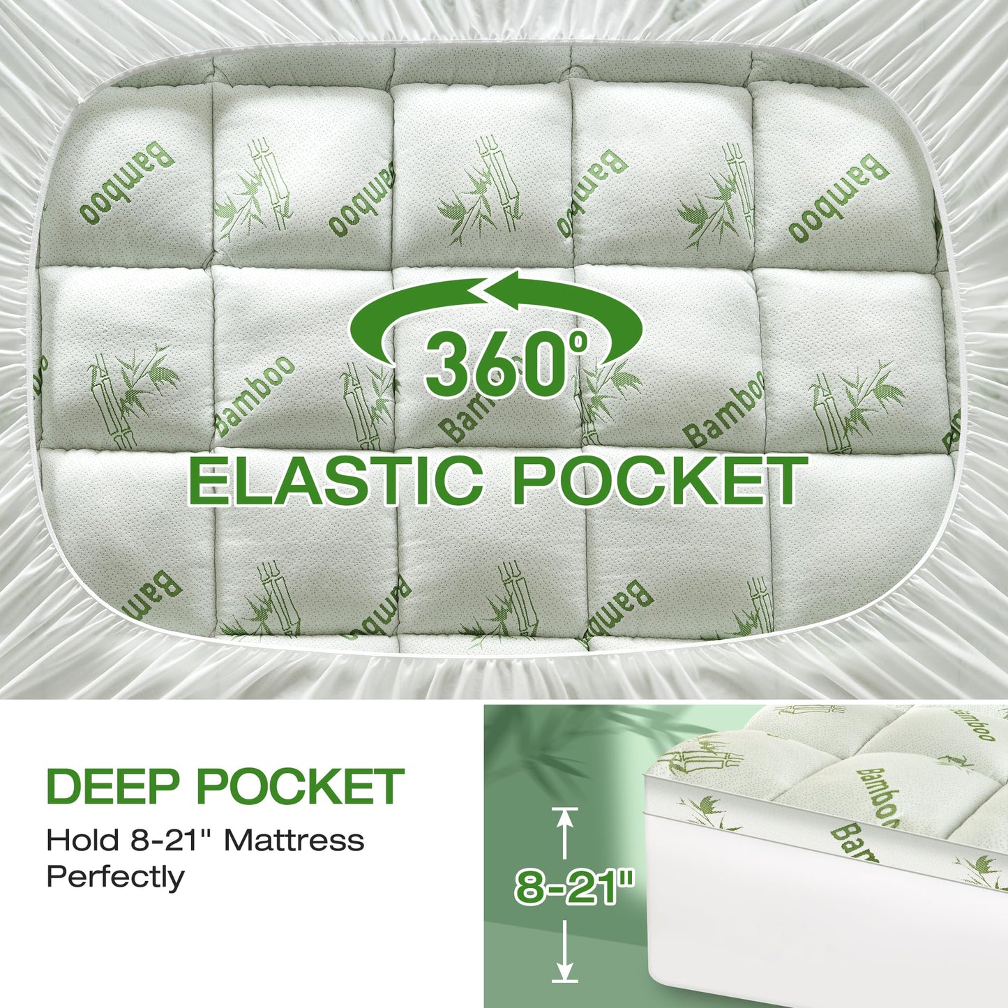Easthome Mattress Topper Queen Size Viscose Derived from Bamboo, Thick Soft Pillow Top Mattress Pad Cover for Back Pain, Mattress Protector with 8-21 Inch Deep Pocket, White
