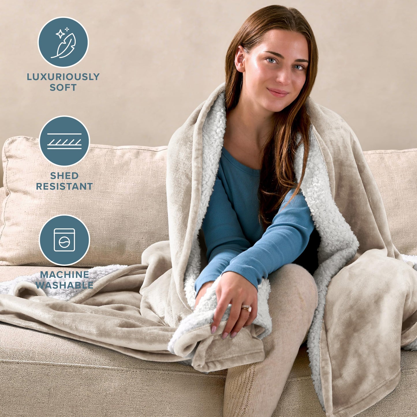Bare Home Sherpa Fleece Blanket - Twin/Twin Extra Long - Blanket for Bed, Sofa, and Couch - Warm & Lightweight - Fluffy & Soft - Reversible (Twin/Twin XL, Oyster)