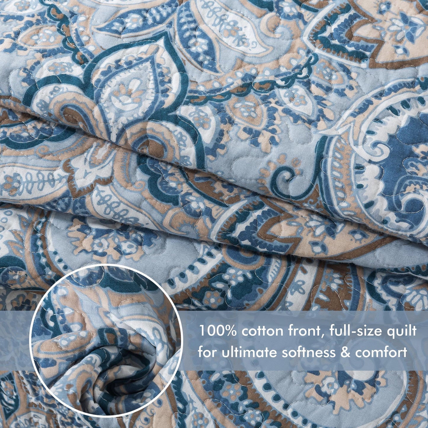Etwel Lightweight Cotton Queen Size Quilt Set - Breathable Reversible Bedspread for Hot Sleepers, Farmhouse Floral Bedding Set with 2 Pillow Shams for All Season (90"x98", Crown Blue-Gray)