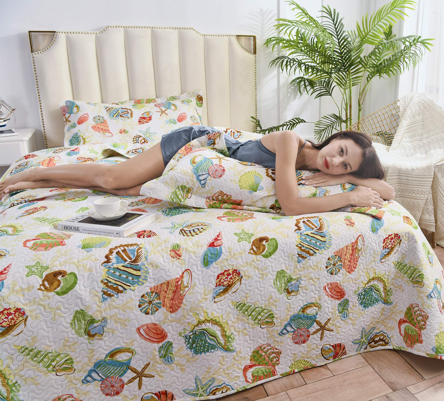 Quilt Set King Size Beach Bedding King Bedspread Coverlet Coastal Ocean Quilt Summer Lightweight Bedspread Beach Quilt Bed Spread Starfish Conch Decor Soft Home Reversible Bedding