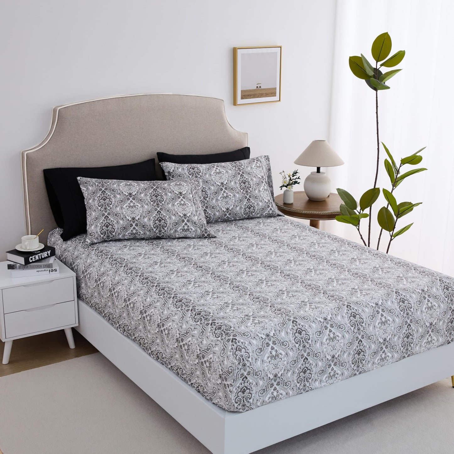 Spirit Linen home 6-Piece Twin Size Bed Sheet Set - Deep Pocket, Paisley Pattern, Soft and Breathable Bed Sheets, Microfiber Material, Includes 1 Fitted, 1 Flat, 4 Pillowcases - Black Paisley Design