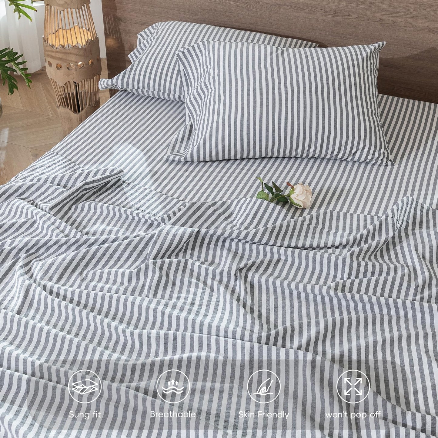 MooMee Striped Fitted Bottom Sheet Only 100% Washed Cotton Linen Like Textured Breathable Durable Soft Comfy Deep Pocket Fits Mattress up to 17" (Dark Grey White Classic Stripes, Queen)