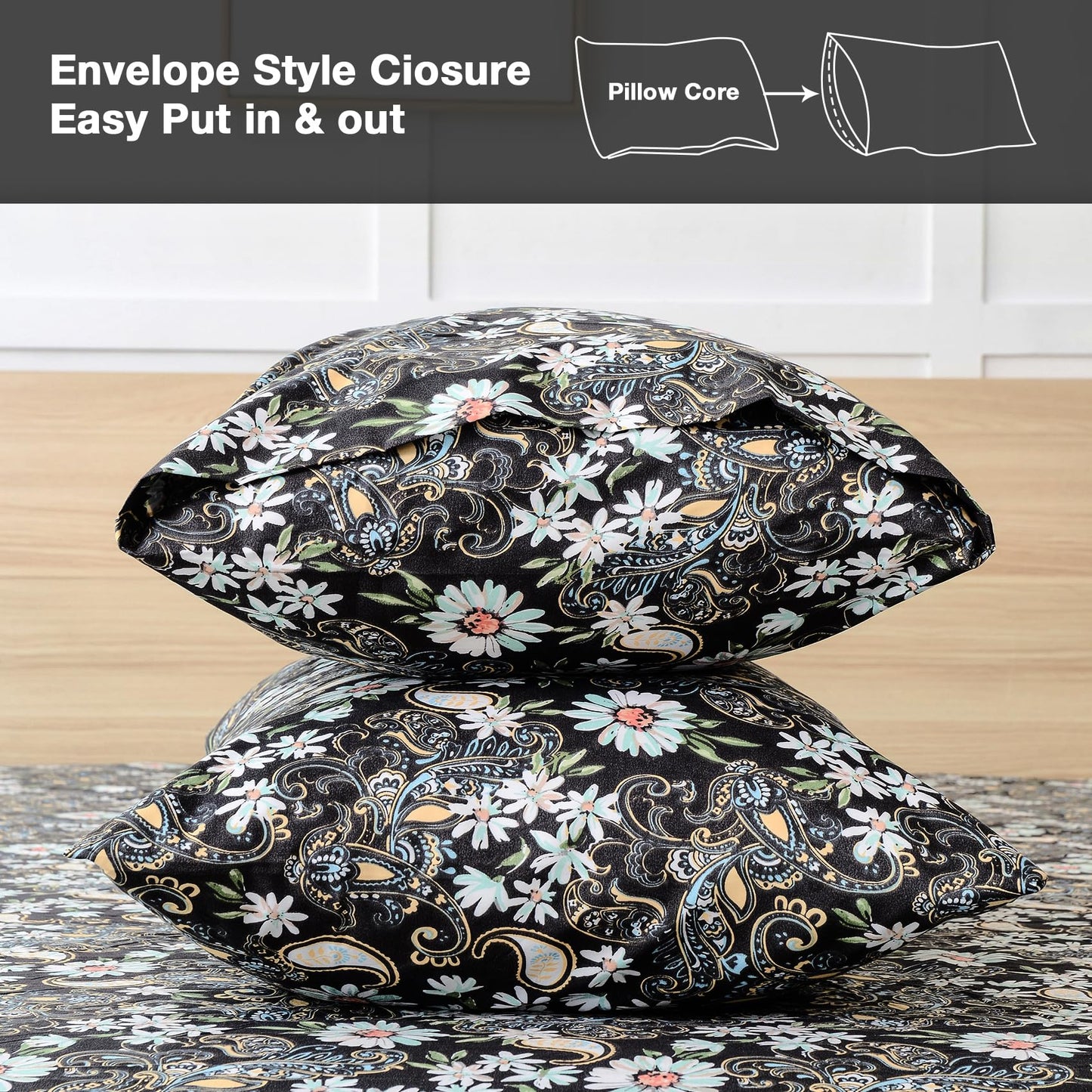 JSD Black Paisley Floral Sheet Set Queen Size 6 Piece, Printed Pattern Soft Microfiber Bed Sheets Extra Deep Pocket