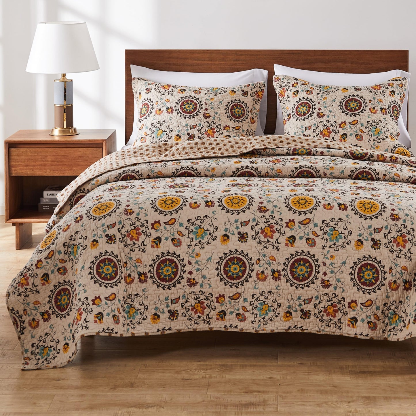 Greenland Home Andorra 100% Cotton Reversible Suzani Quilt Set, King/California King (3 Piece)