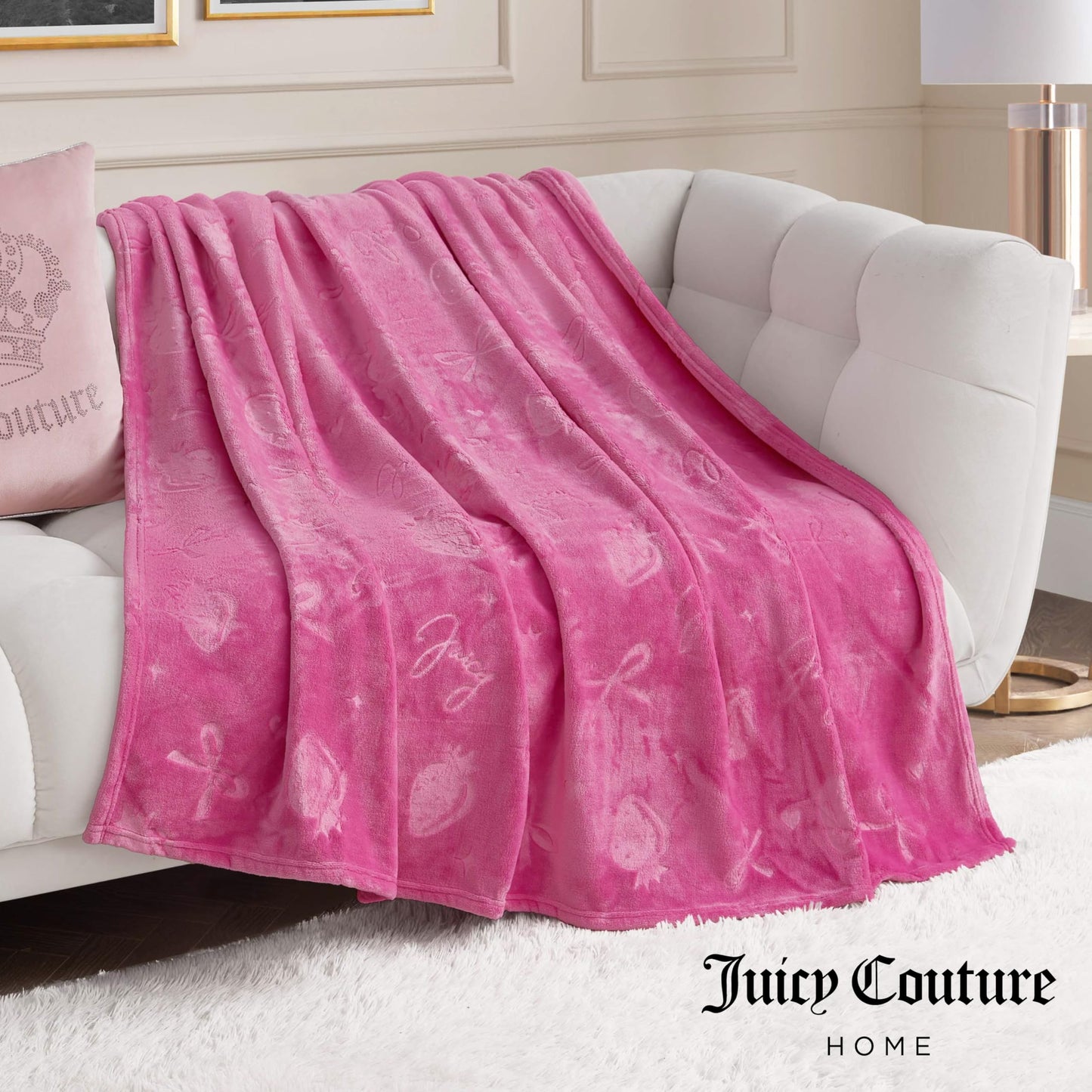 Juicy Couture Embossed Plush 60"x70" Oversized Throw Blanket, Berry Bow Hot Pink