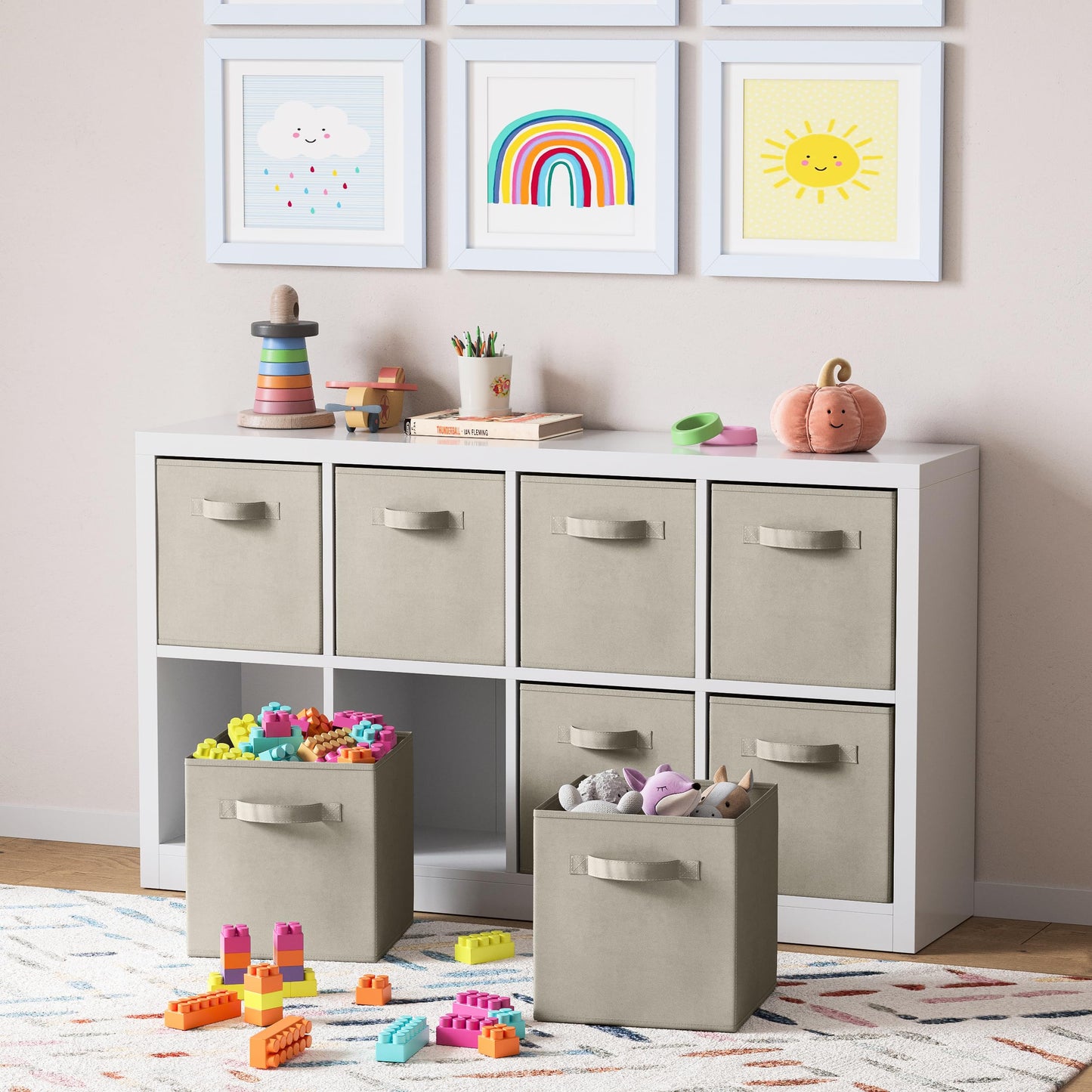 Royexe Set of 8 Foldable Fabric Storage Cube Bins | Collapsible Cloth Organizer Baskets Containers | Folding Nursery Closet Drawer | Features Dual Handles | More Beautiful Colors Available (Beige)