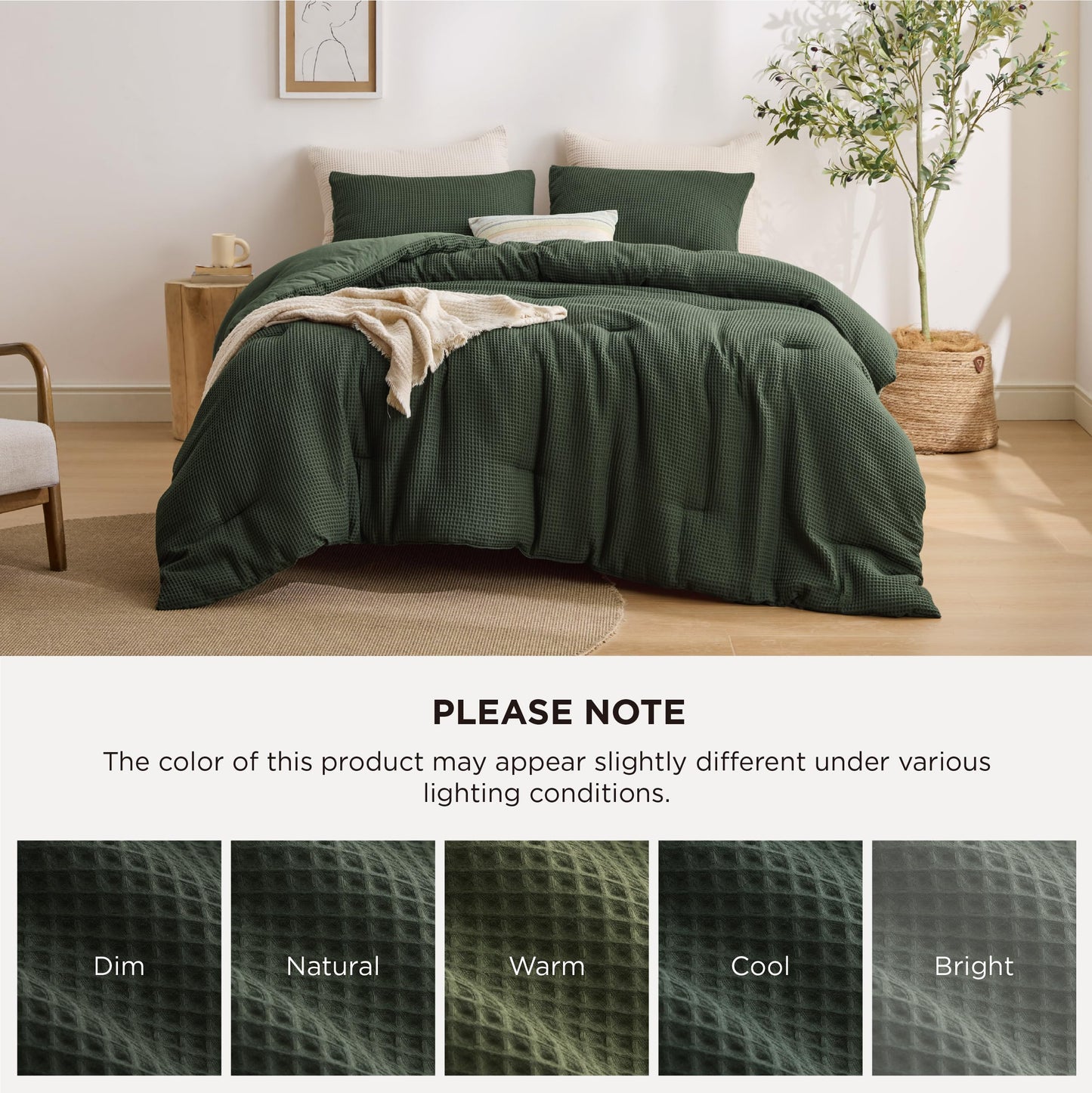 Bedsure Oliver Green Queen Bedding Comforter Set, Waffle Breathable Bedding Set, All Season Comforter with 3 Pieces, 1 Waffle Weave Comforter (90"x90") and 2 Pillowcases (20"x26")