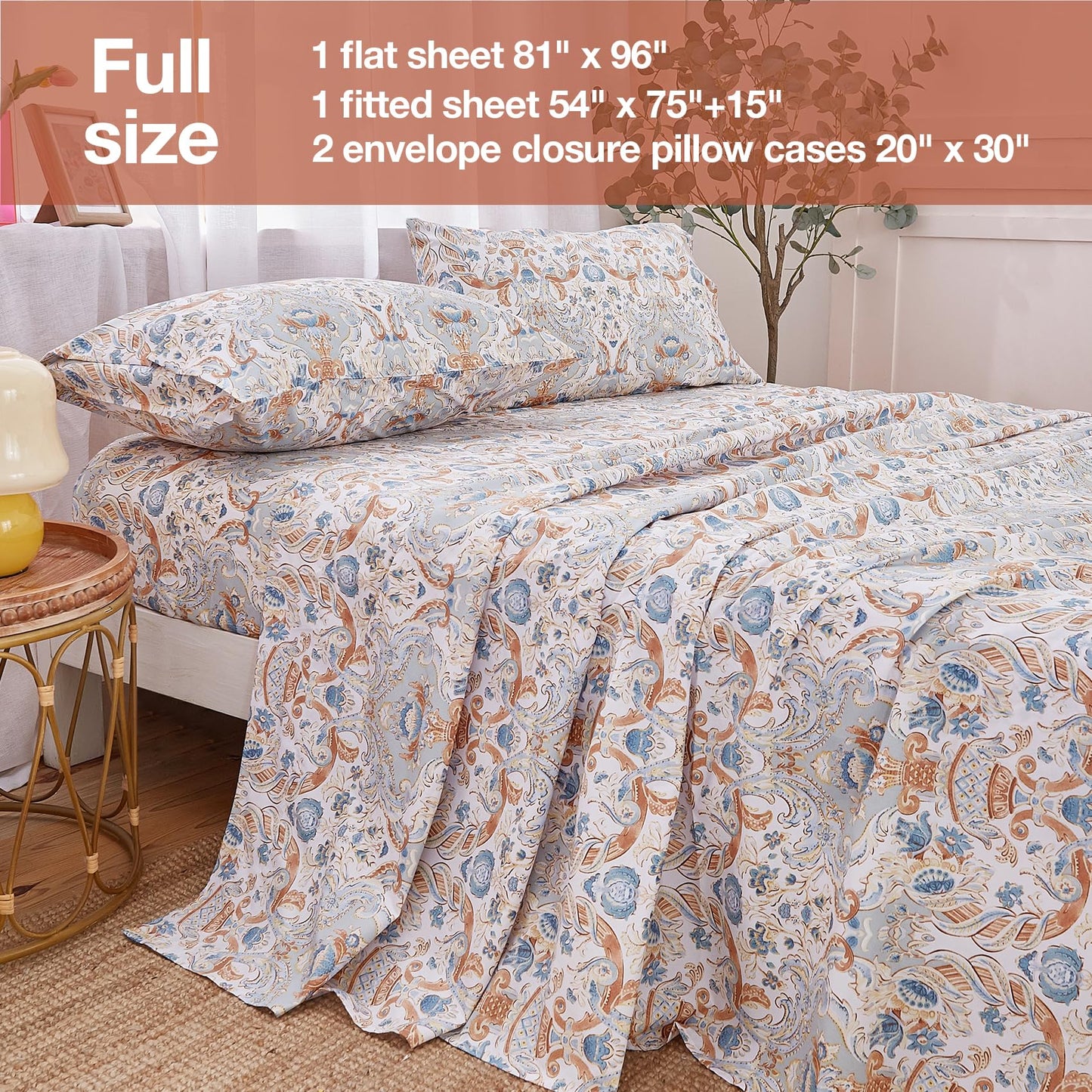 JSD Paisley Printed Sheet Set Full Size, 4 Piece Soft Pattern Microfiber Sheets Extra Deep Pocket