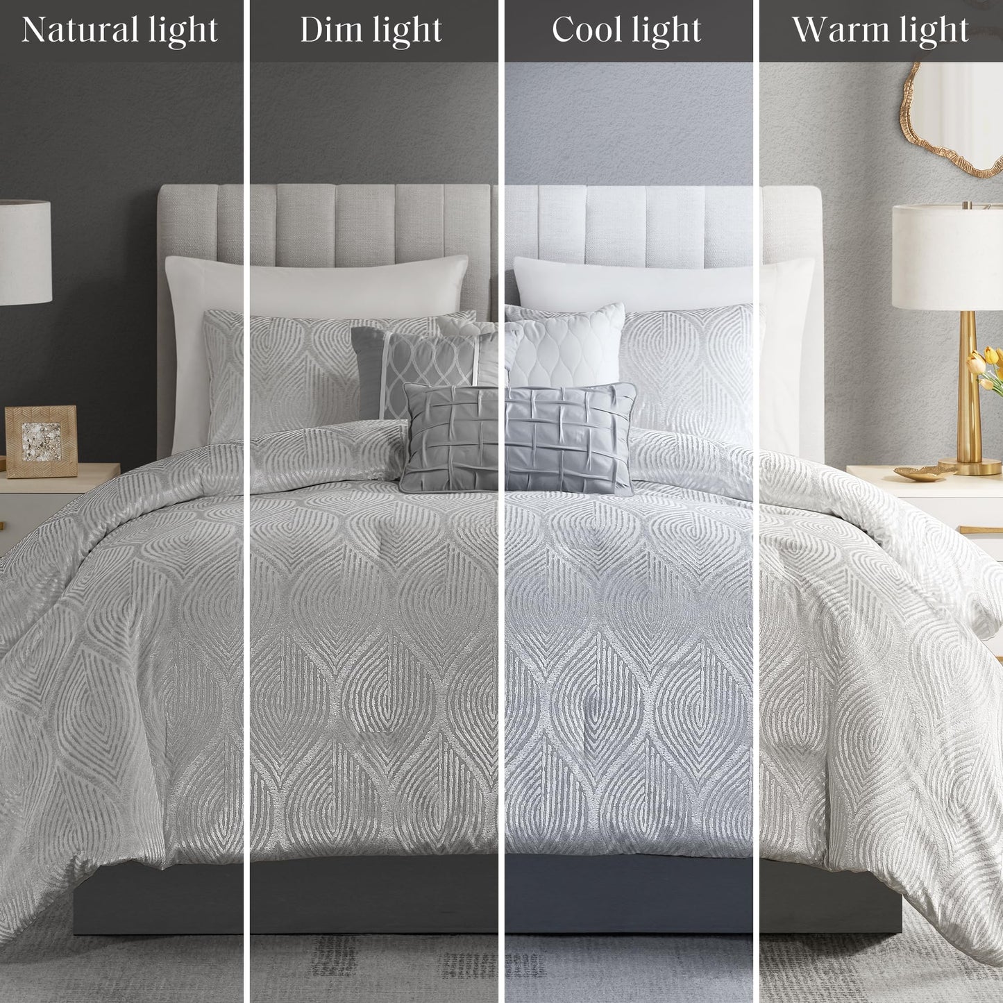 Madison Park 7-Piece Velvet Comforter Set, Jacquard Bedding Sets for All Season, Includes Comforter, Bed Skirt, Pillow Shams and Decorative Pillow, Queen/King/Cal King, Nocturne, Grey