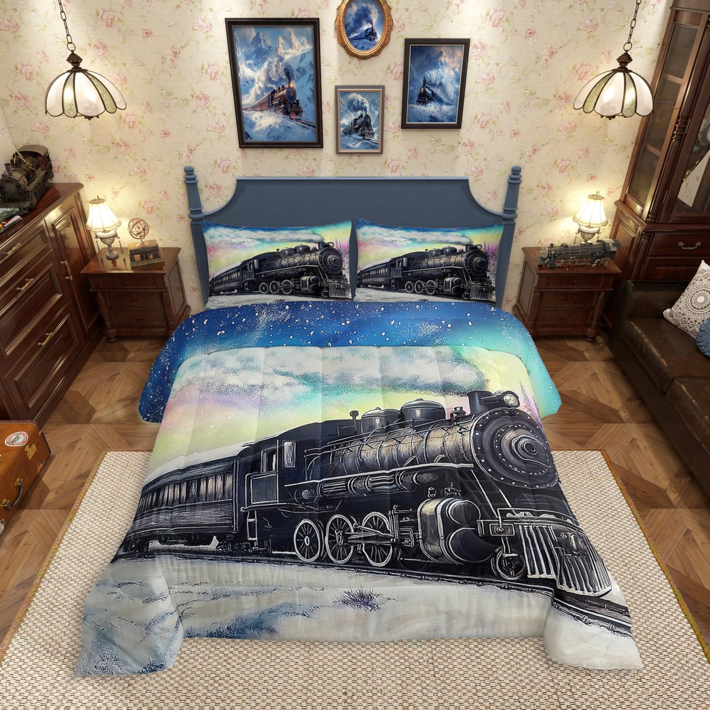 Erosebridal Aurora Train Twin Bedding Set,Railroad Steam Train Comforter Set for Kids Boys Girls,Transportation Vehicle Bed Comforter Sets Winter Snow Scene Quilt Bed Set 2Pcs Room Decor