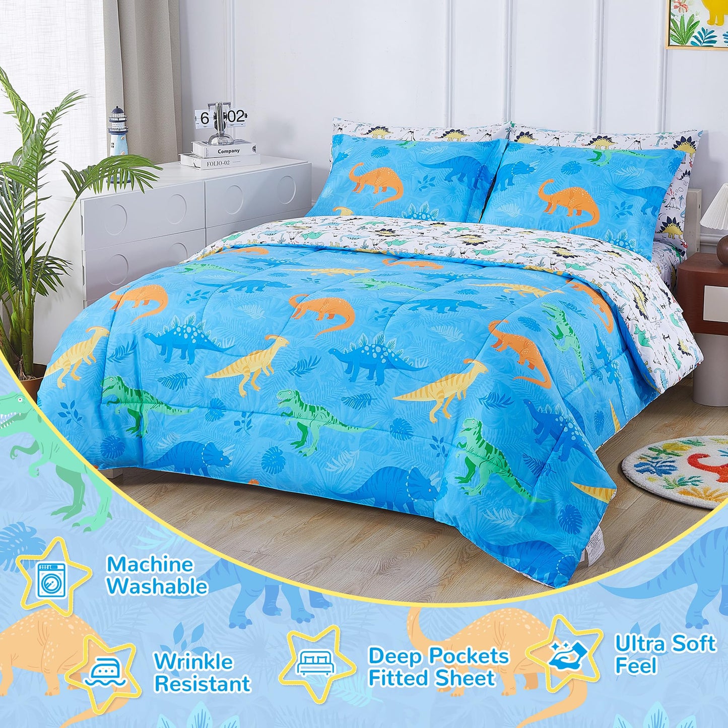 Viviland Kids Twin Bedding Sets for Boys, Soft Twin Comforter Set with Sheets, 5 Pieces Microfiber Bed in a Bag, Blue Dinosaur