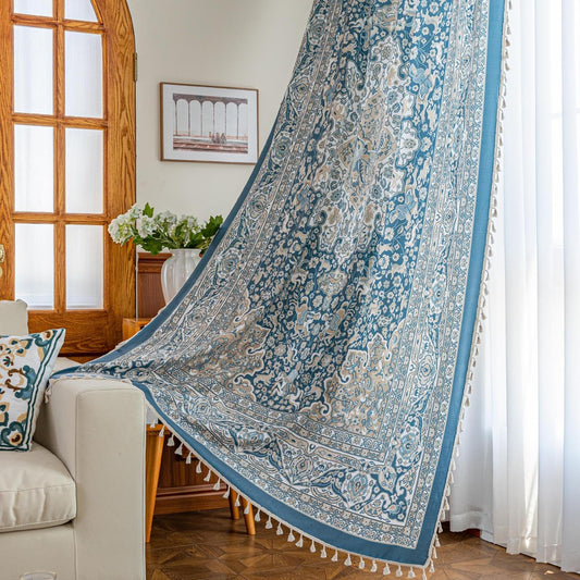 Erbnaryx Blue Medallion Curtains 72 Inches Long, Boho Farmhouse Light Filtering Rod Pocket Drapes with Tassel Trim for Bedroom Living Room, 2 Panels
