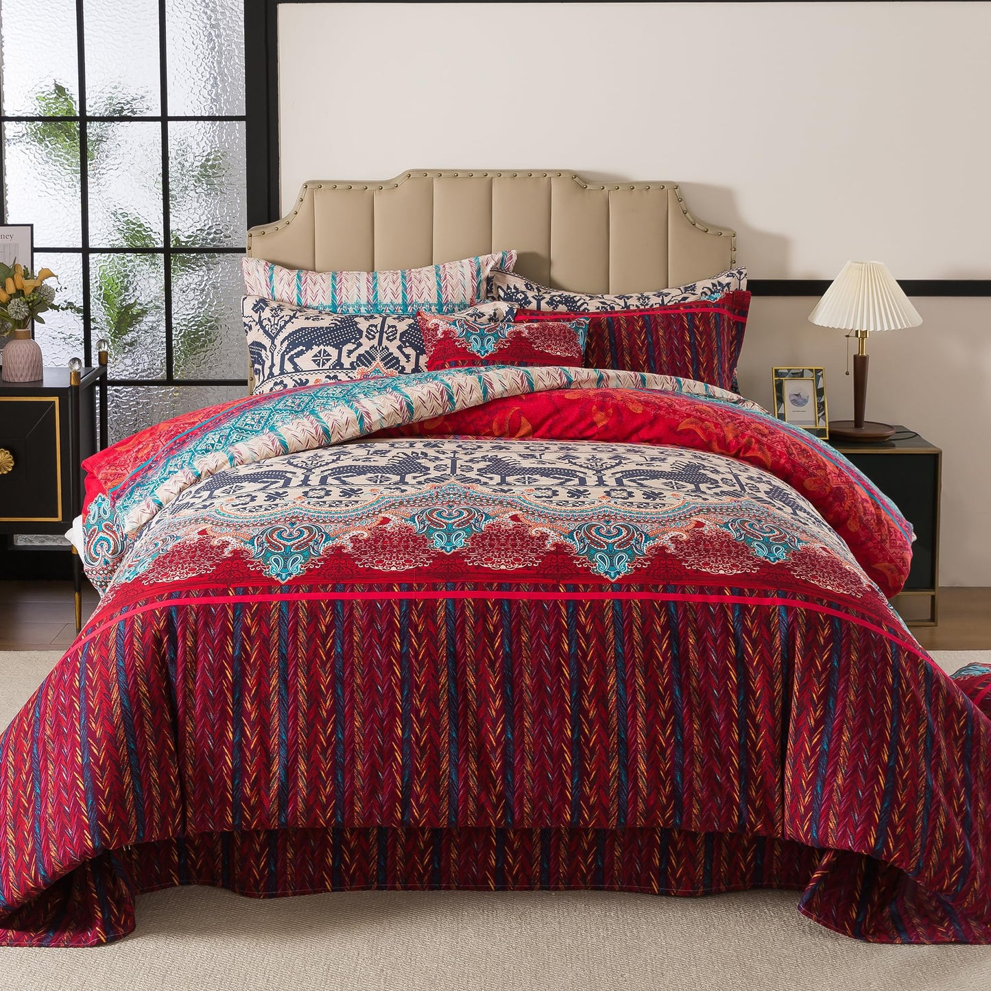 FADFAY Exotic Boho Duvet Cover Set King/California King 100% Brushed Cotton Soft Bohemian Bedding Paisley Ethnic Colorful Bedding Reversible Tribal Zipper Bed Comforter Cover + 2 Pillowshams, 3Pcs
