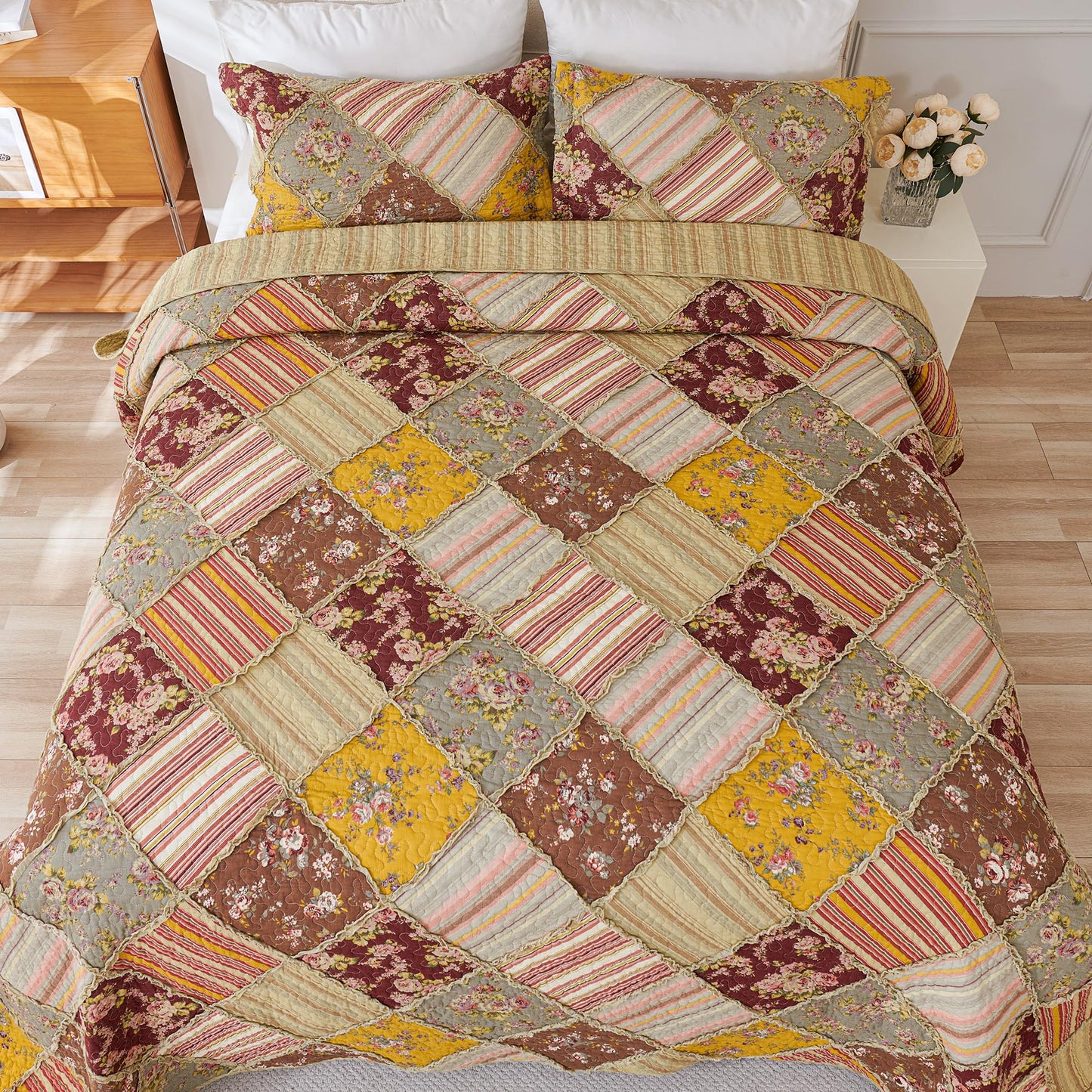 Cmfshape Floral Quilt Sets Bedspread Set 100% Cotton Patchwork Bedding Set, All Season Use Lightweight Reversible Coverlet Quilts with 2 Pillow Shams(Queen 90"x90")