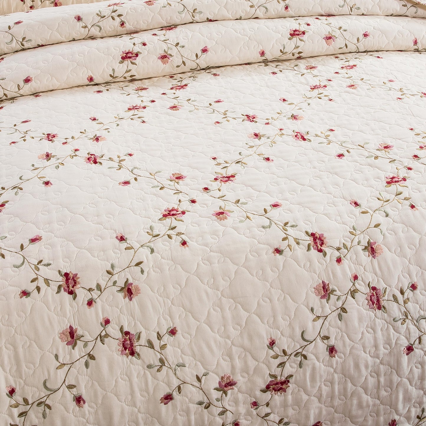 Quilt Set Floral Leaves 3D Embroidery Pattern 3 PCS Cotton Reversible Quilted Embroidered Decorative Bedspreads Coverlet Set, Lightweight &Soft Queen Size Beige Bedding Coverlet for All Season