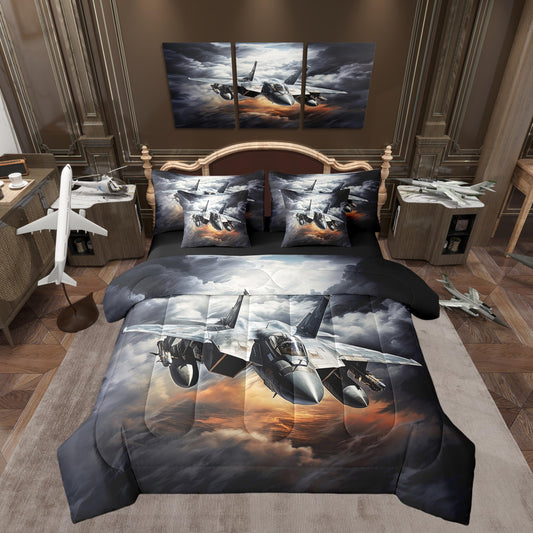 Castle Fairy Vintage Airplane Bedding Queen Size,Kids Aircraft Print Comforter Set Boys Girls Decor,Military 3D Flying Plane Quilt Cover Set,Brown Grey Bed Set with Comforter,Sheet Set,Pillowcases