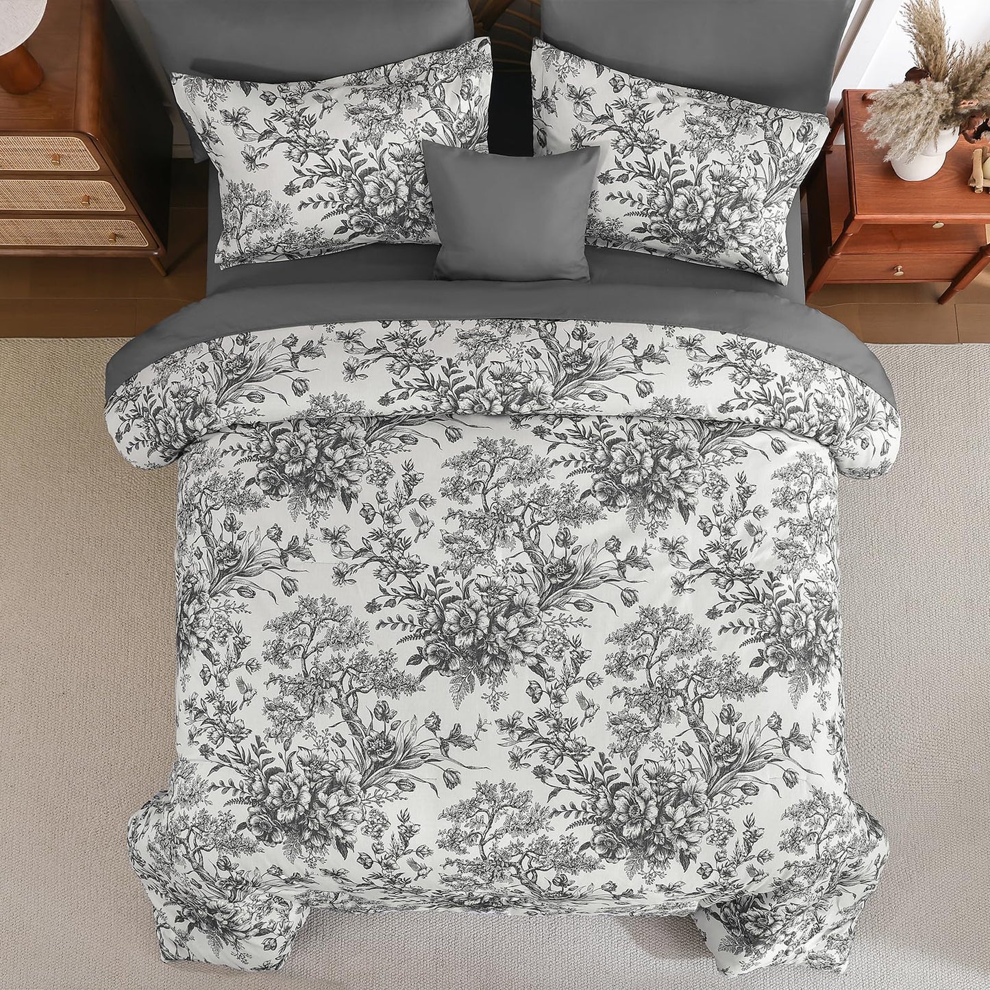 Dinjoy Queen Comforter Set - 8 Pieces Floral Comforter Set Black and White, Bed in a Bag Queen with Botanical Print, Winter Soft Comforter Bedding Set with Sheets (Comforter 90"x90")