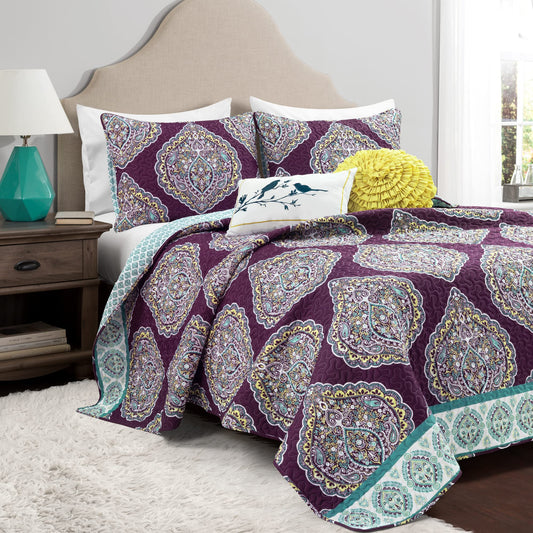 Lush Decor Harley Reversible King Queen Size 5 Piece Set Purple & Turquoise - Boho Bedding Set King Quilt - Purple Quilts - Boho Bedroom Decor