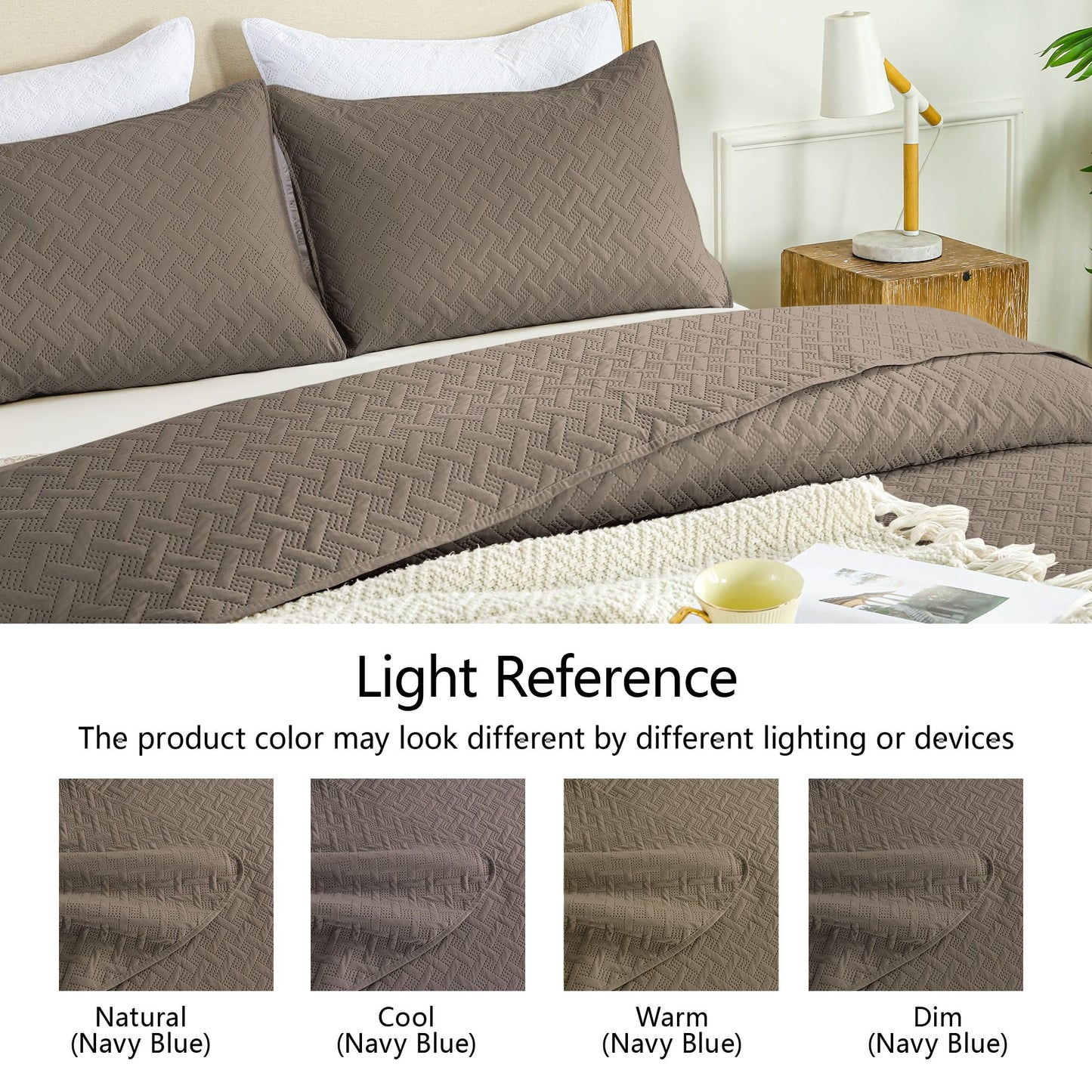 FLYMME Quilts Queen Size,Lightweight Mocha Brown Bedspreads,Basket Weave Pattern,Ultra Soft Microfiber Bed Coverlet 3 Pieces for All-Seasons (1 Quilt,2 Shams)