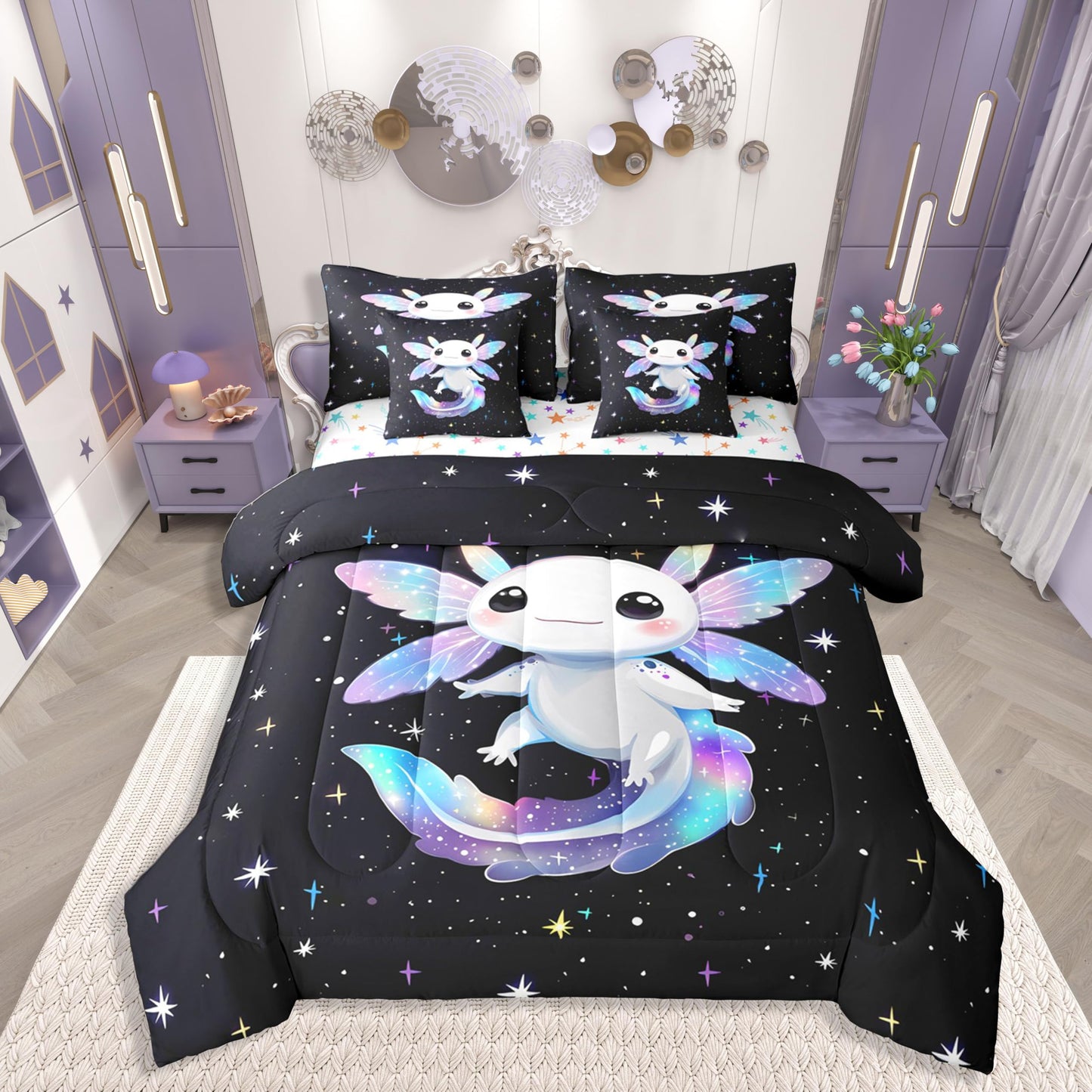 Colorful Axolotl Queen Comforter Set Kids Cute Rainbow Axolotl Bed in a Bag with Flat and Fitted Sheet Sparkle Starry Sky Stars Galaxy 7-Piece Bedding Set Lovely Salamander Quilt Duvet Sets