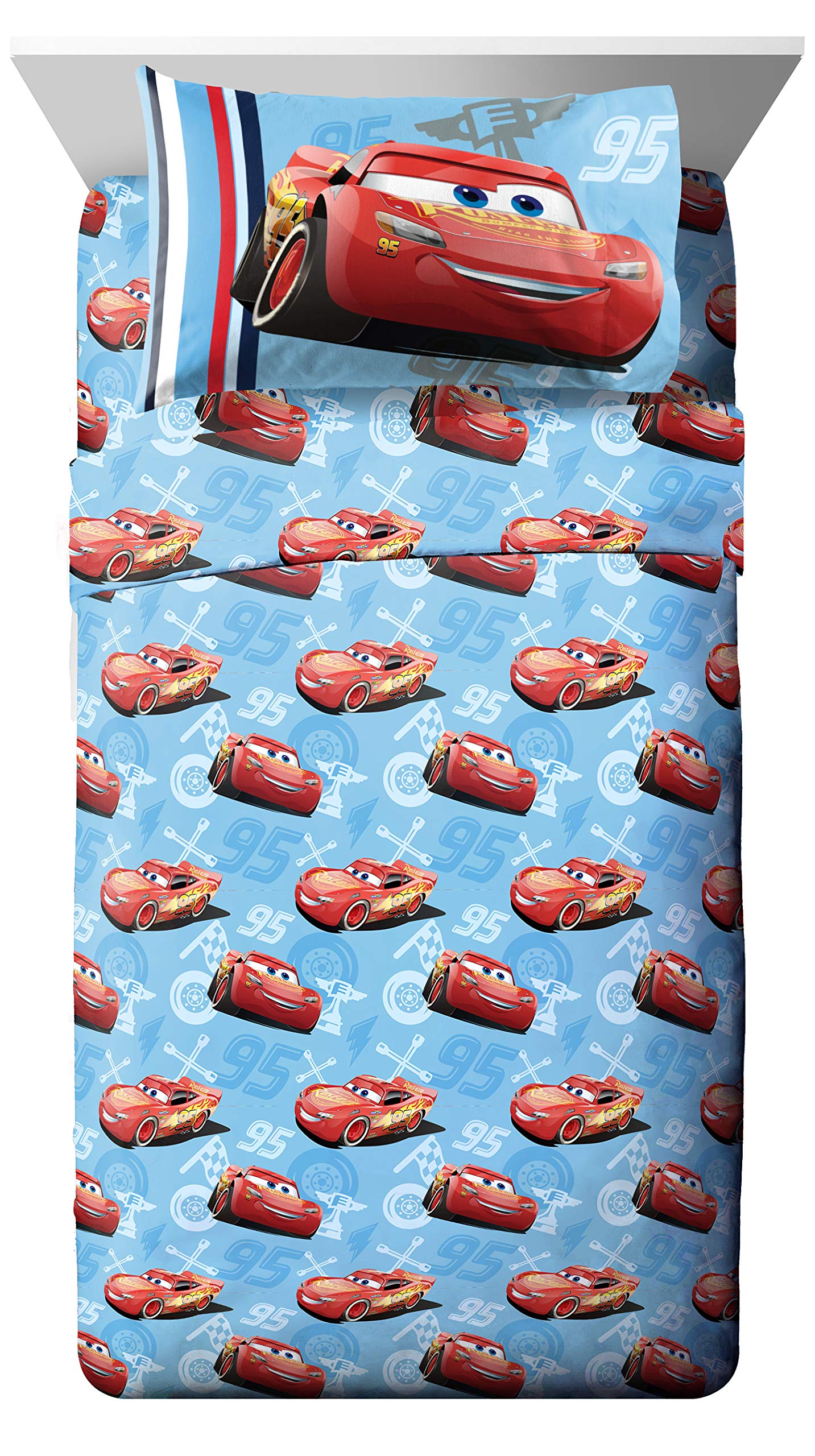 Jay Franco Kids Sheet Set with Fitted, Flat Sheets & Pillow Cover - Ultra-Soft Bedding with Pillowcase for Room Decor, Blue - Cars, 4 Piece Full