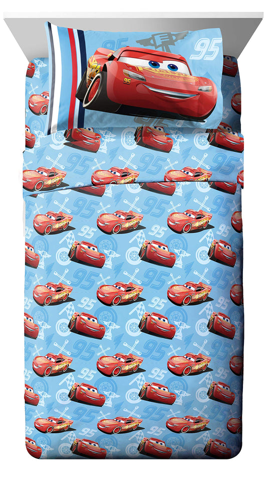 Jay Franco Kids Sheet Set with Fitted, Flat Sheets & Pillow Cover - Ultra-Soft Bedding with Pillowcase for Room Decor, Blue - Cars, 4 Piece Full