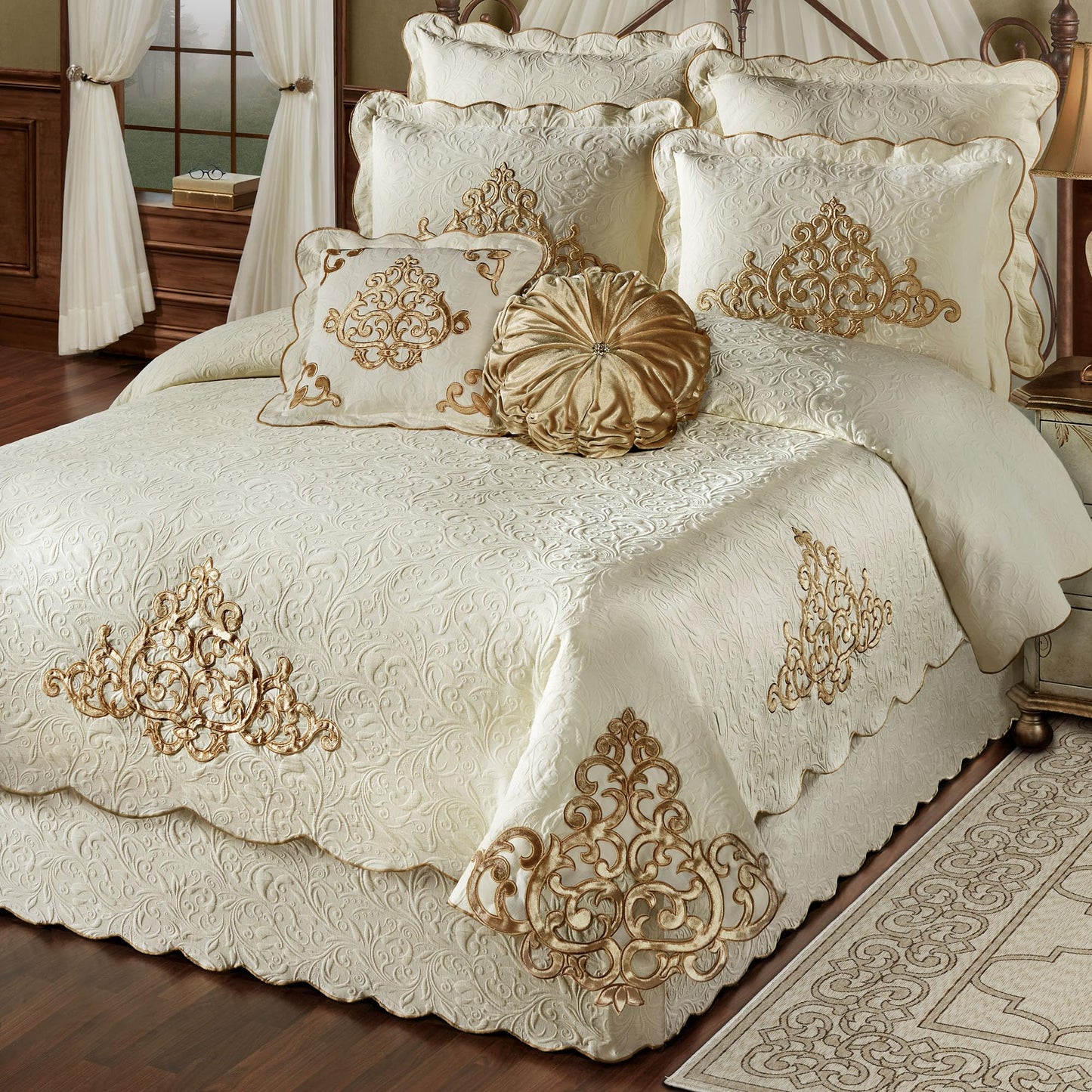 Imperial Luxury Matelasse Bedding | Velvet Golden Scrollwork Medallions | Ivory Matelasse Textured Scrolls | 4-Pc Lightweight Washable Bed Set: Oversized Queen Coverlet, Bedskirt, & 2 Standard Shams