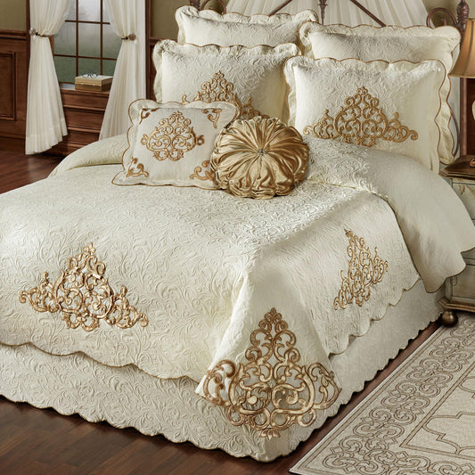Imperial Luxury Matelasse Bedding | Velvet Golden Scrollwork Medallions | Ivory Matelasse Textured Scrolls | 4-Pc Lightweight Washable Bed Set: Oversized Queen Coverlet, Bedskirt, & 2 Standard Shams