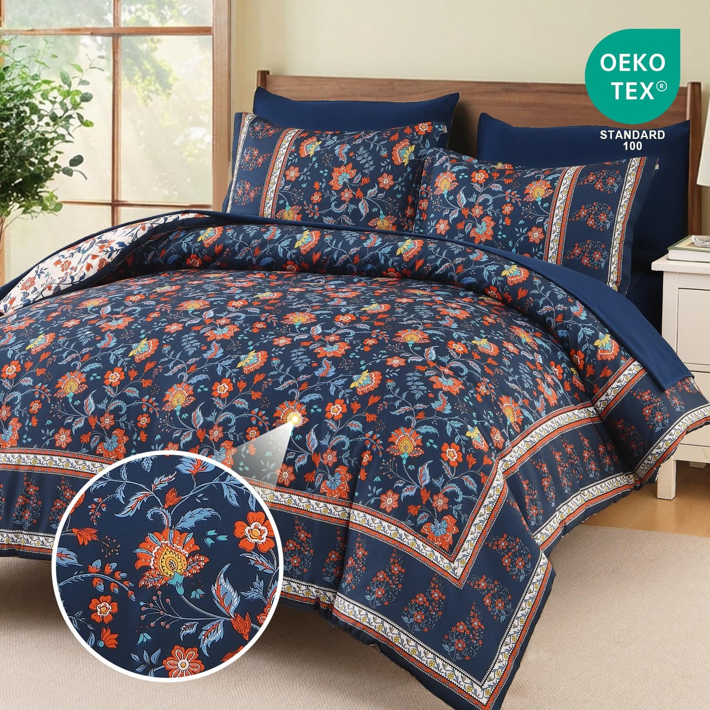 Dinjoy Boho Comforter Set Queen,Navy Bedding Paisley Floral 7 Piece Bed in a Bag Reversible Lightweight Bohemain Comforters with Sheet Sets for All Season