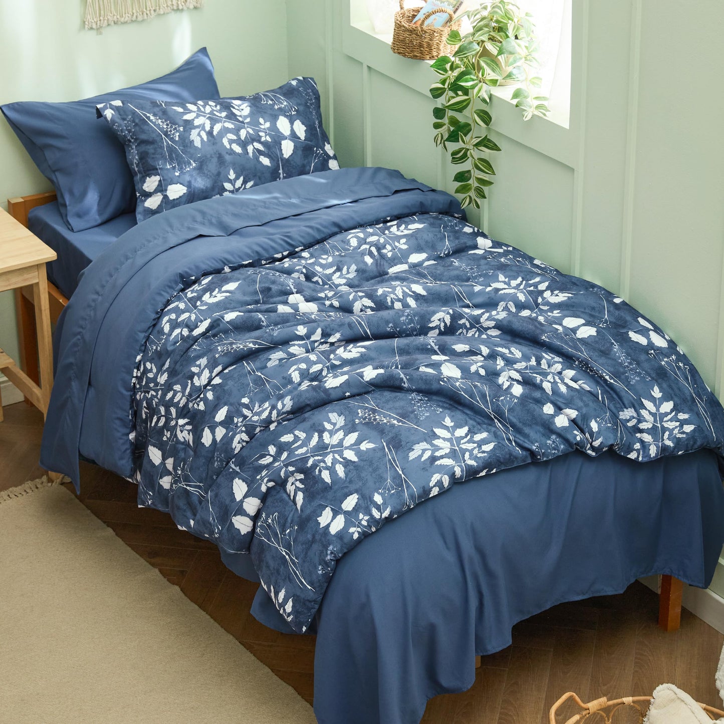 Bedsure Navy Twin XL Comforter Set - 5 Pieces Floral Bedding Sets Twin XL Bed in a Bag with Reversible Botanical Flowers Comforter, Sheets, Pillowcase & Sham