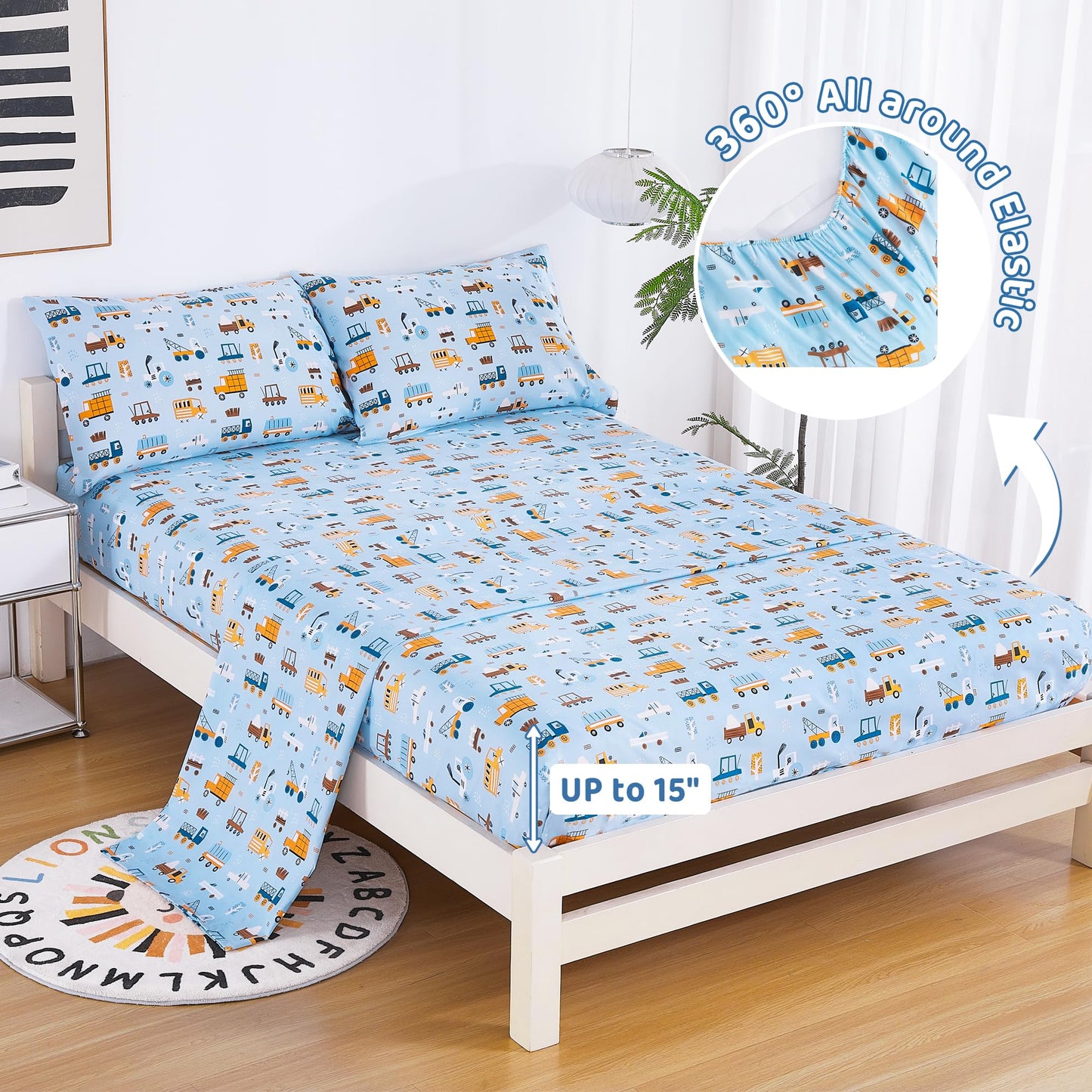 Viviland 3 Pieces Boys Blue Truck Twin Sheet Set - Soft Microfiber Fitted Flat Sheets & Pillowcase - Construction Truck Bedding Sets - for Kids & Toddlers
