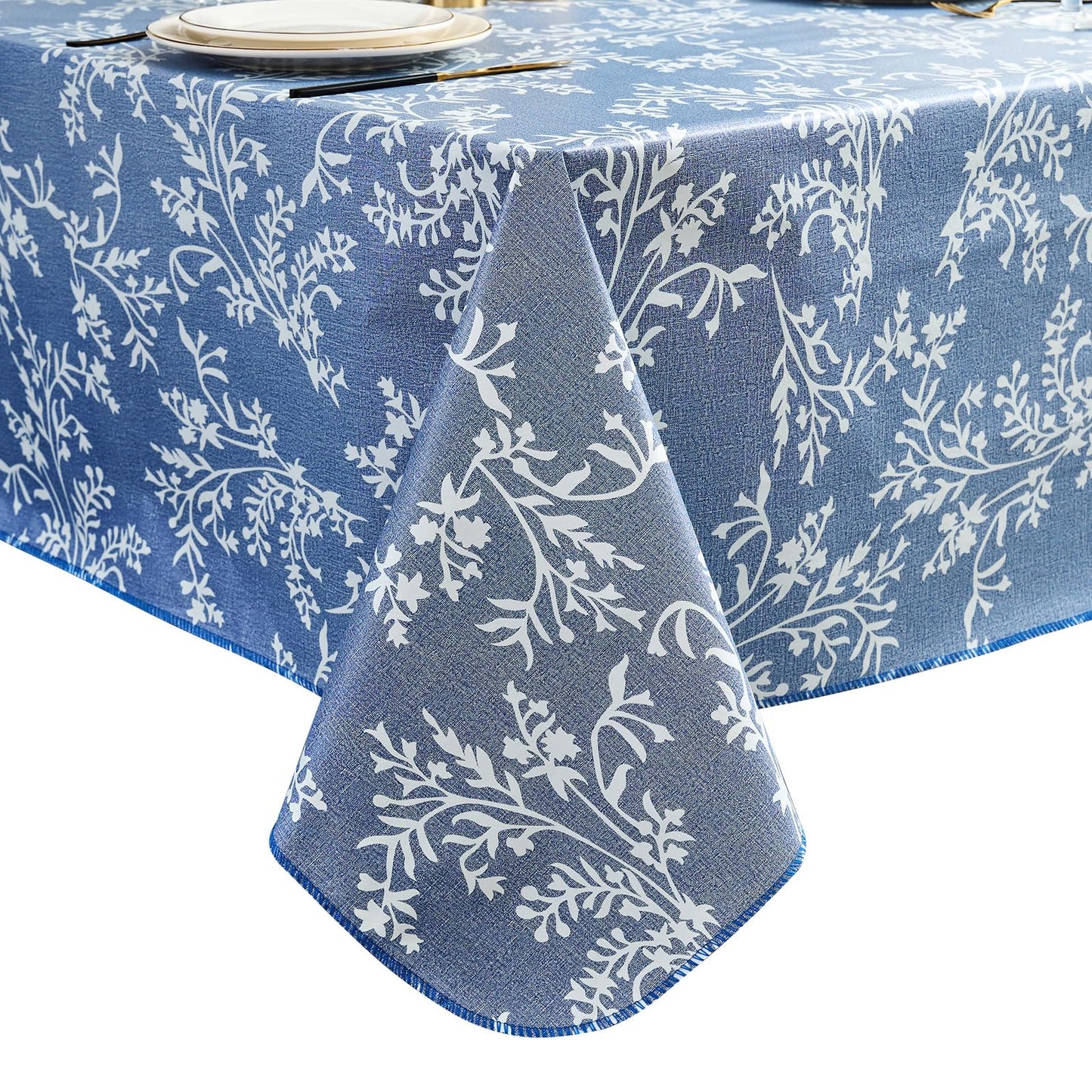 LIBERECOO Vinyl Tablecloth with Flannel Backing –Indigo Botanical Charm, Waterproof, Wipeable, Durable Table Cover – 4 Colors