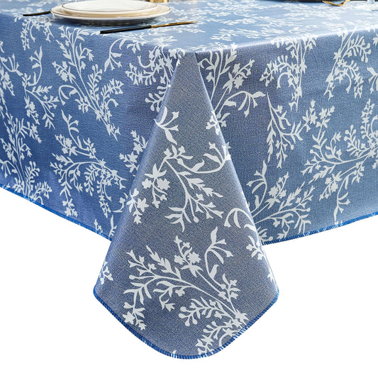 LIBERECOO Vinyl Tablecloth with Flannel Backing –Indigo Botanical Charm, Waterproof, Wipeable, Durable Table Cover – 4 Colors