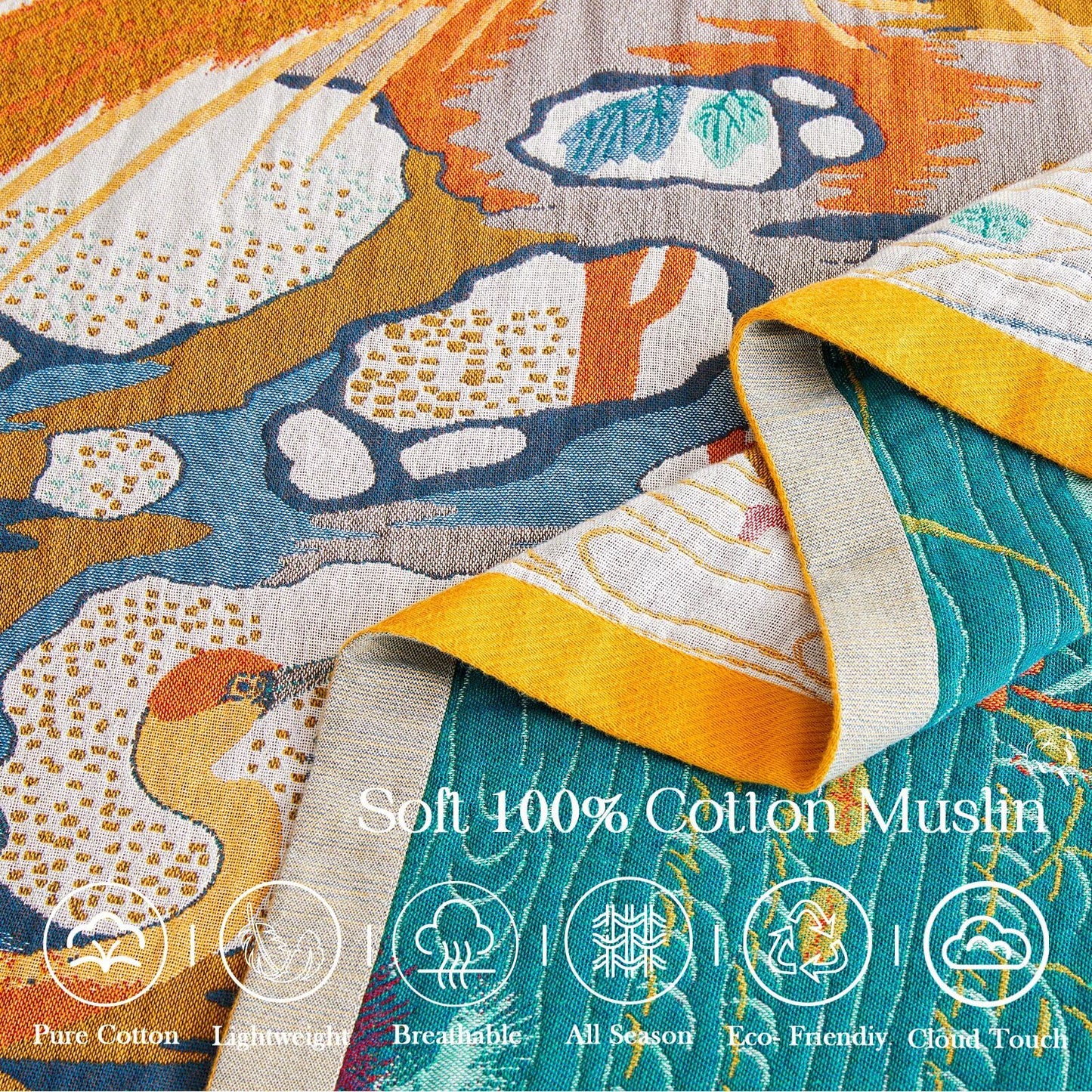 XIBLC Fall Throw Blanket for Couch, Yellow Boho Decorative Throw Blanket, 100% Cotton Muslin Breathable Woven Farmhouse Blankets Quilt, 60"x80" Reversible Lightweight Blankets Bohemian Throw Quilt