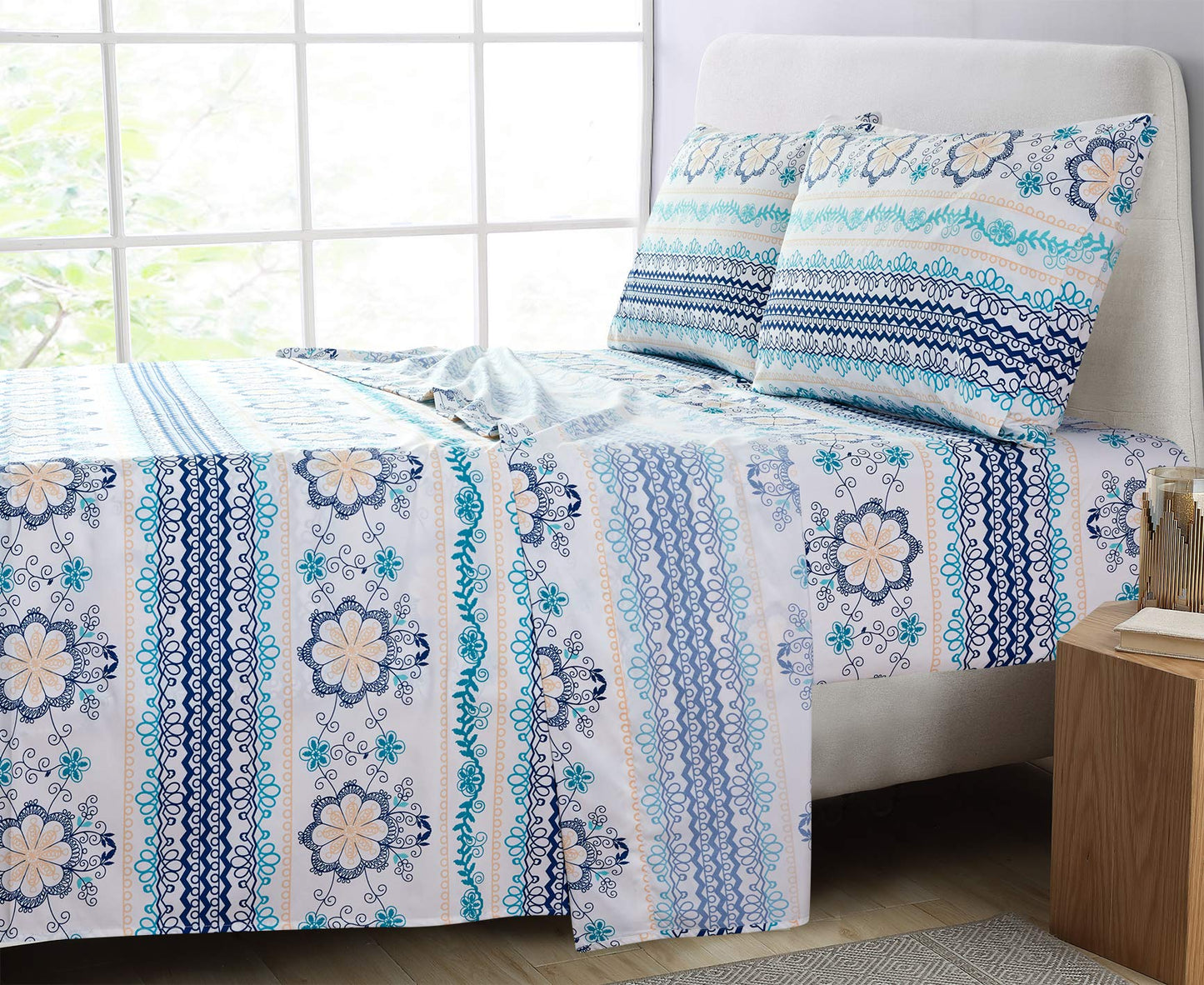 JSD Blue Boho Printed Sheet Set Queen Size, 4 Piece Soft Floral Microfiber Sheets Extra Deep Pocket