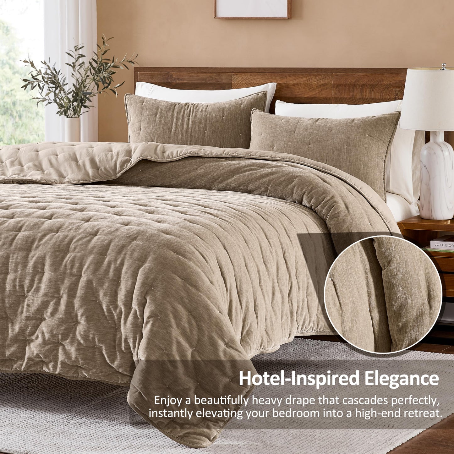 WDCOZY Chenille Velvet Queen Size Quilt Set - Beige Cloud Soft Lightweight Bedspread, Neutral Tan Farmhouse Country Rustic Coverlet, Taupe Camel Modern Bedding Warm Thin Comforter, 3 Pieces