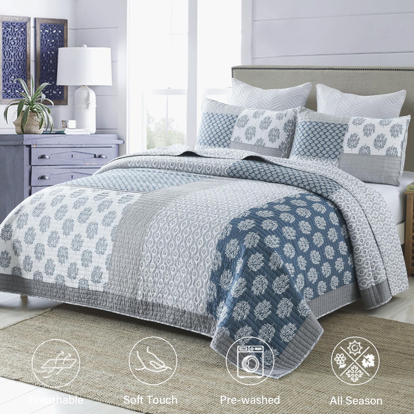 Finlonte King Size Quilt, 100% Cotton Comforter King Size, Blue Grey Farmhouse Quilted Bedspread, Patchwork Lightweight Reversible Quilt Bedding Set for King Bed, 3-Pieces