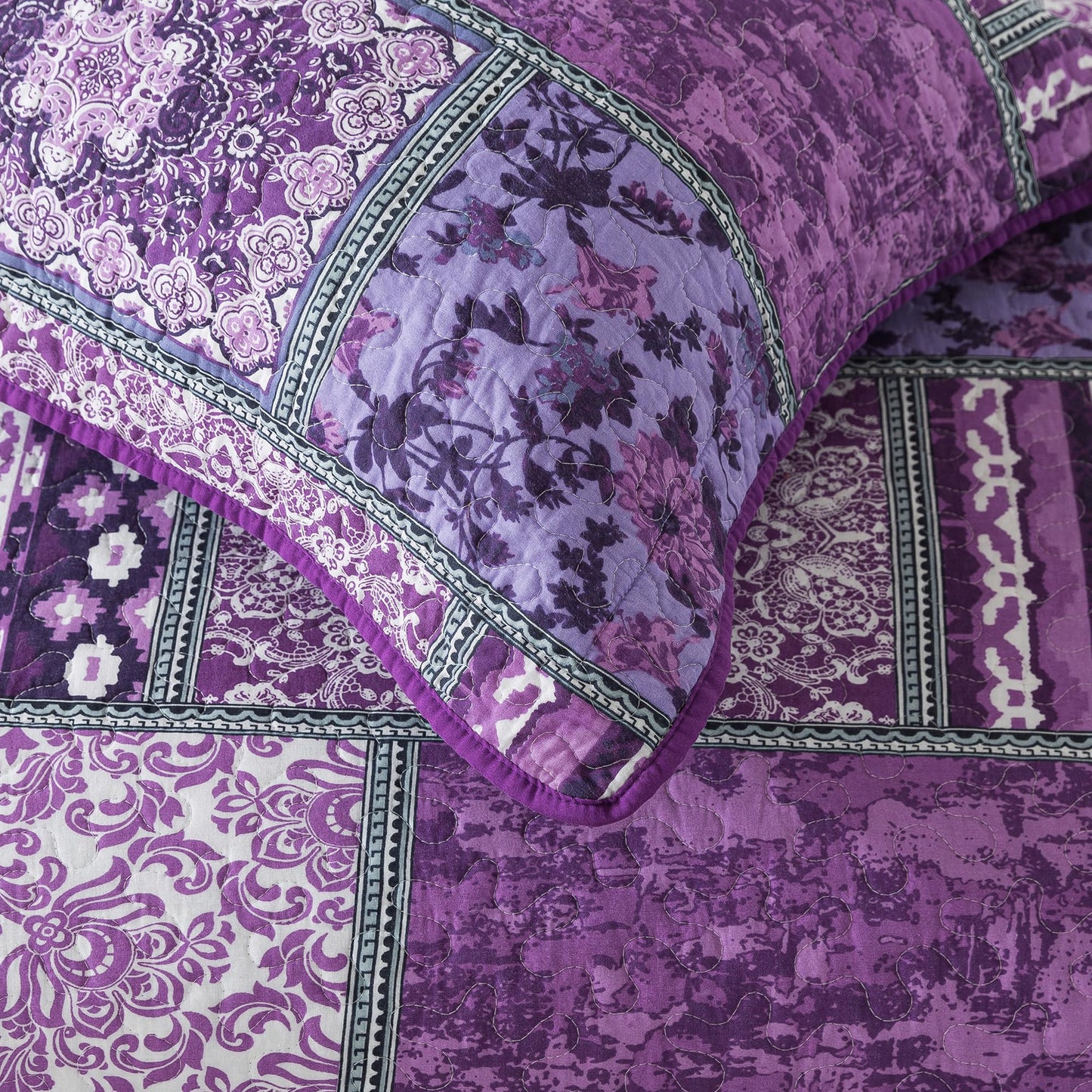 Etwel Cotton Patchwork Queen Size Quilt Set - Lightweight Breathable Reversible Bedspread for Hot Sleepers, Farmhouse Floral Bedding Set with 2 Pillow Shams for All Season (90"x98", Purple)