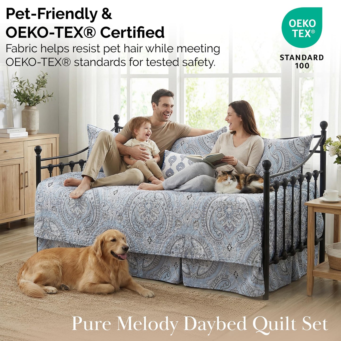 Southshore Fine Living, Inc. Twin Daybed Covers, Boho Bedding Set, Boho Daybed Cover Set, 3 Pillow Shams, 1 Bedskirt, 1 Throw Pillow - Twin Day Bed Covers, Day Bed Bedding Sets, Pure Melody Aqua