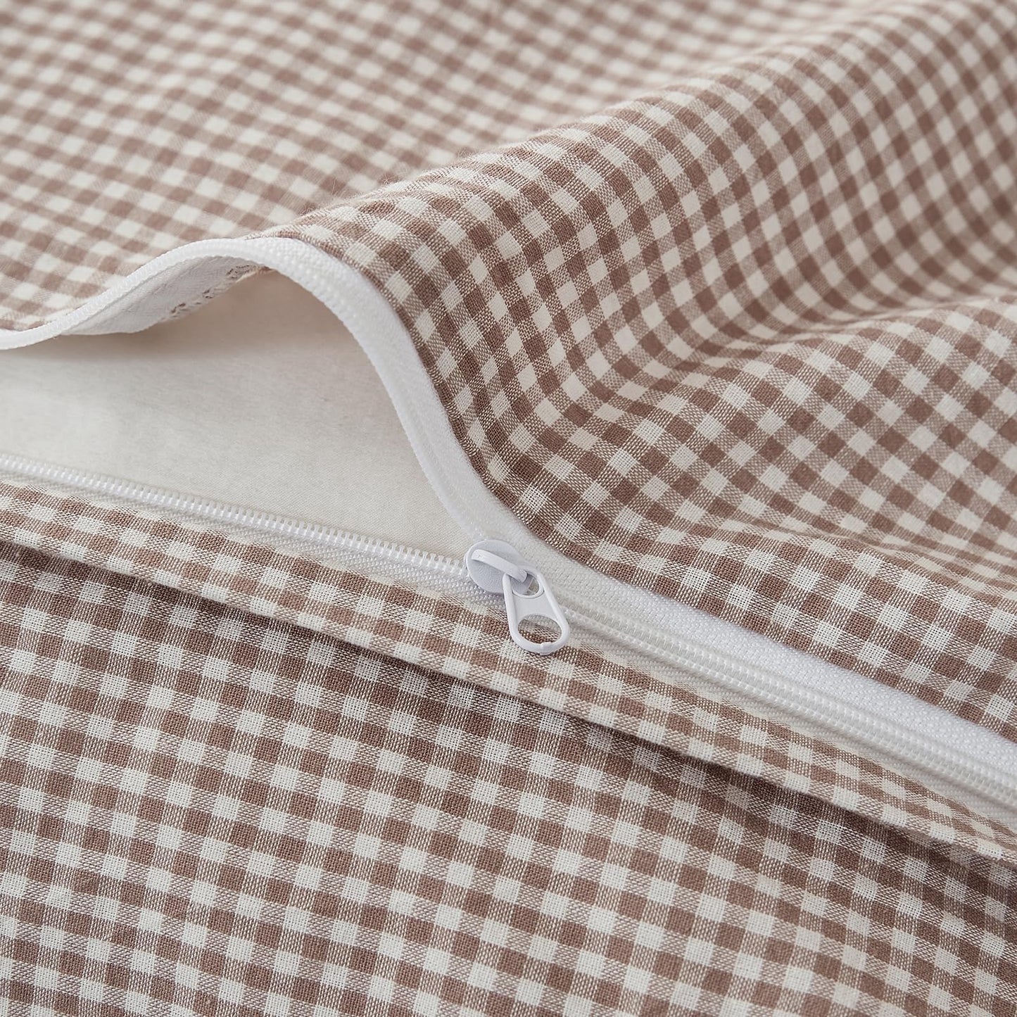VM VOUGEMARKET Tan Paid Duvet Cover Queen 100% Washed Cotton Like Linen Bedding Set Soft Breathable 3 Piece Mini Gingham Checkered Comforter Cover Set (Queen 90"x90", Comforter Not Included)