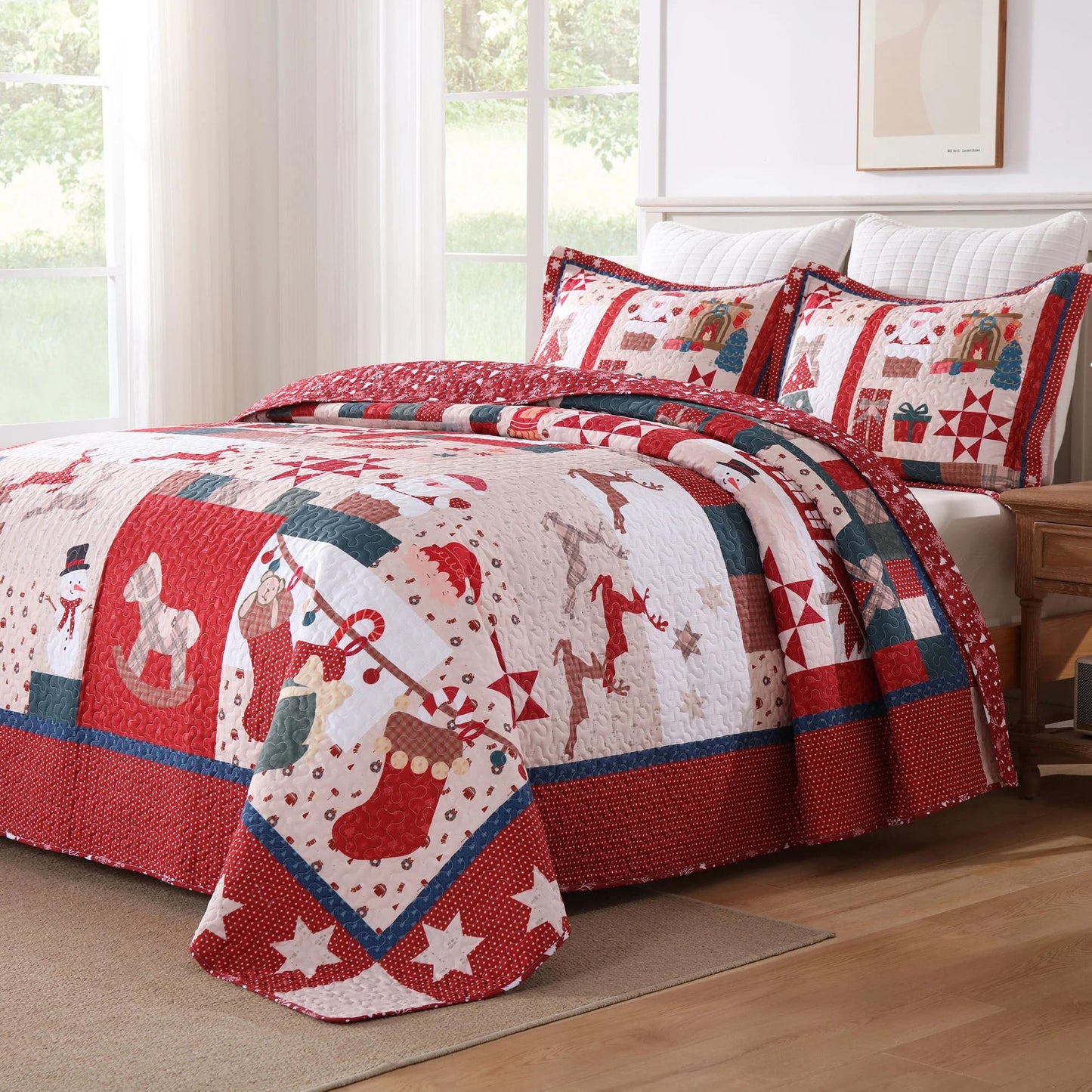 MarCielo 2 PCS Vintage Christmas Patchwork Quilt Set – Reversible Holiday Bedspread