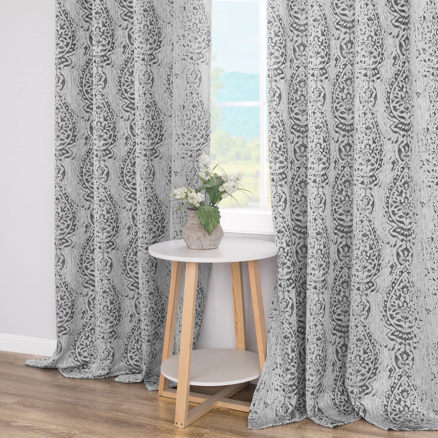 Grey and White Geometric Moroccan Patterned Curtains 84 Inches Long for Living Room 50% Blackout Room Darkening Damask Modern Stylish Curtains for Bedroom 84 Inch Length 2 Panels Set Light Gray