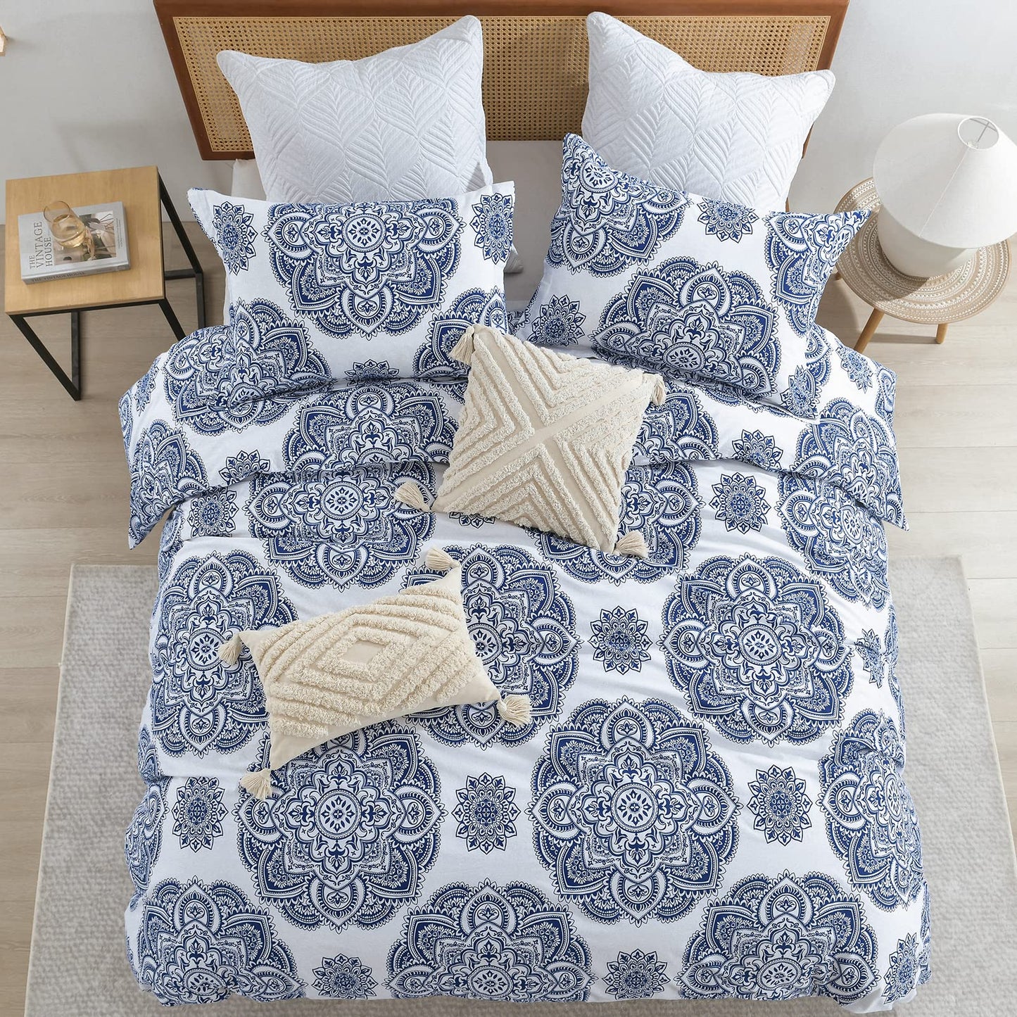 CozyDH Cotton Duvet Cover King Size - 100% Cotton 400TC Floral Damask Paisley Duvet Cover Set, 3pcs Soft Lightweight King Beddding Set, Zipper Closure 8 Ties(Royal Blue, 104x90, No Comforter)