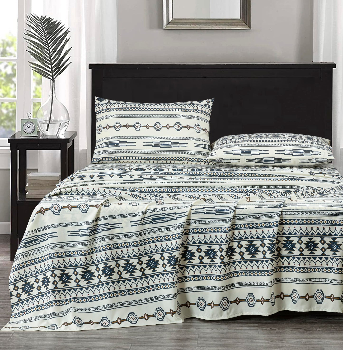 Chezmoi Collection 4-Piece Southwestern Tribal Lodge Bed Sheet Set, Queen Size - Ivory Navy Brown Red Printed Microfiber Soft Breathable Deep Pocket Sheets and Pillowcases Set