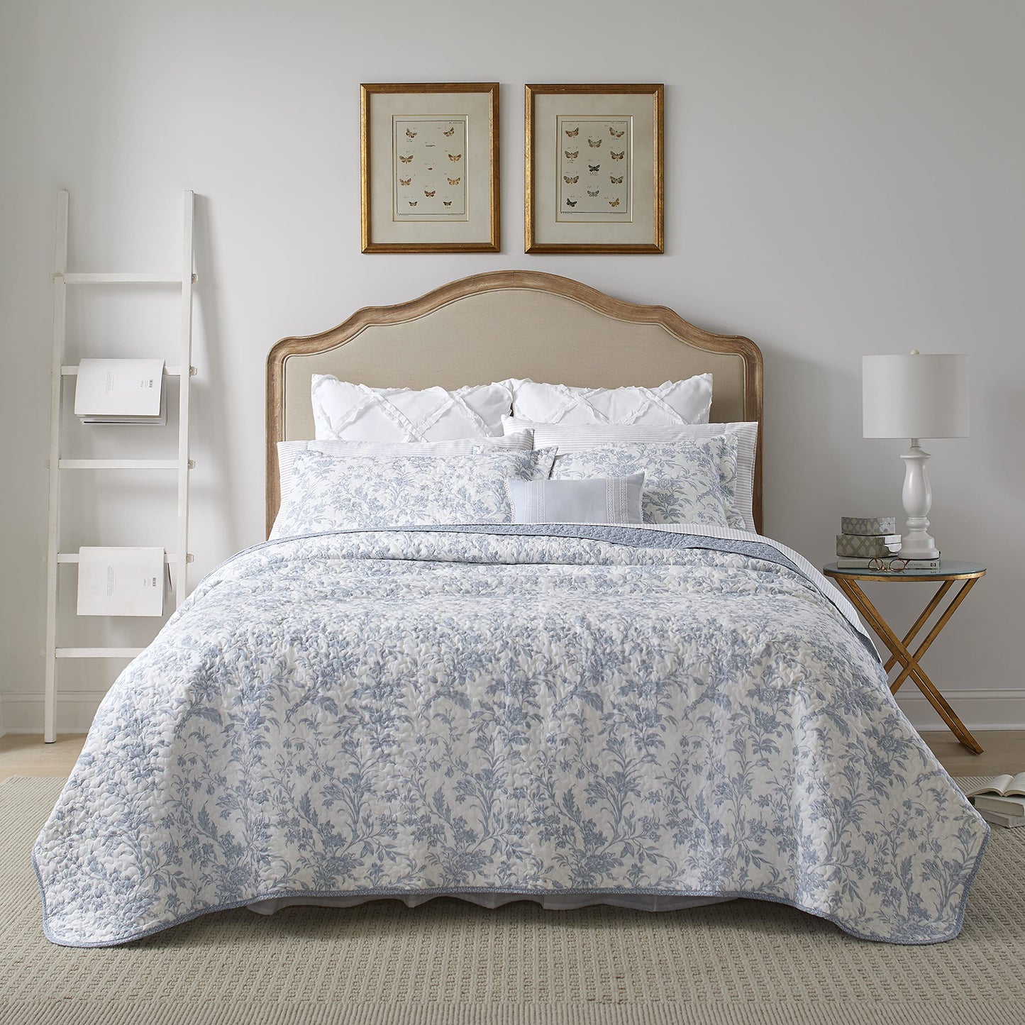 Laura Ashley – Twin Quilt Set, Soft & Lightweight Toile Bedding with Matching Shams, Reversible Floral Room Decor, College Dorm Room Essentials (Amberley Soft Blue)