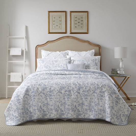 Laura Ashley – Twin Quilt Set, Soft & Lightweight Toile Bedding with Matching Shams, Reversible Floral Room Decor, College Dorm Room Essentials (Amberley Soft Blue)