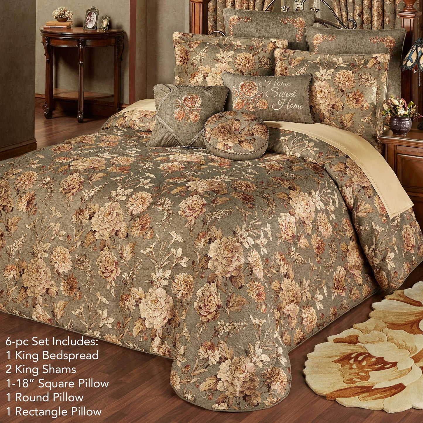 Rhapsody Floral Luxury Bedding | 6 Piece Oversized Bedspread Set: King Bedspread, 2 King Shams, Round Pillow, 18" Square Pillow, Rectangle Pillow | Sophisticated | Flower | Woven | Traditional