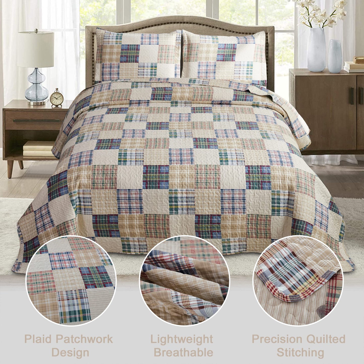 Quilt Set Queen Size Plaid Bedspread Coverlet Queen Quilts Patchwork Bedding Mens Plaid Collection Quilt Bedspread Lightweight Reversible Quilt Bedding Set Queen Bedspread with Pillow Shams,Beige