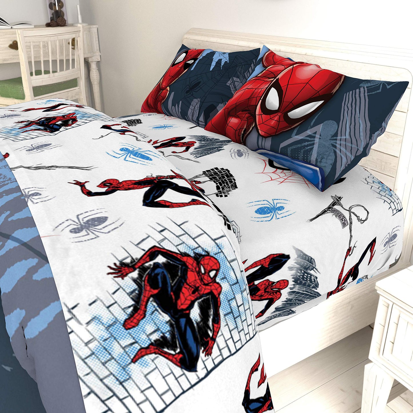 Jay Franco Kids Sheet Set with Fitted, Flat Sheets & Pillow Cover - Ultra-Soft Bedding with Pillowcase for Room Decor, White - Spiderman, 4 Piece Queen